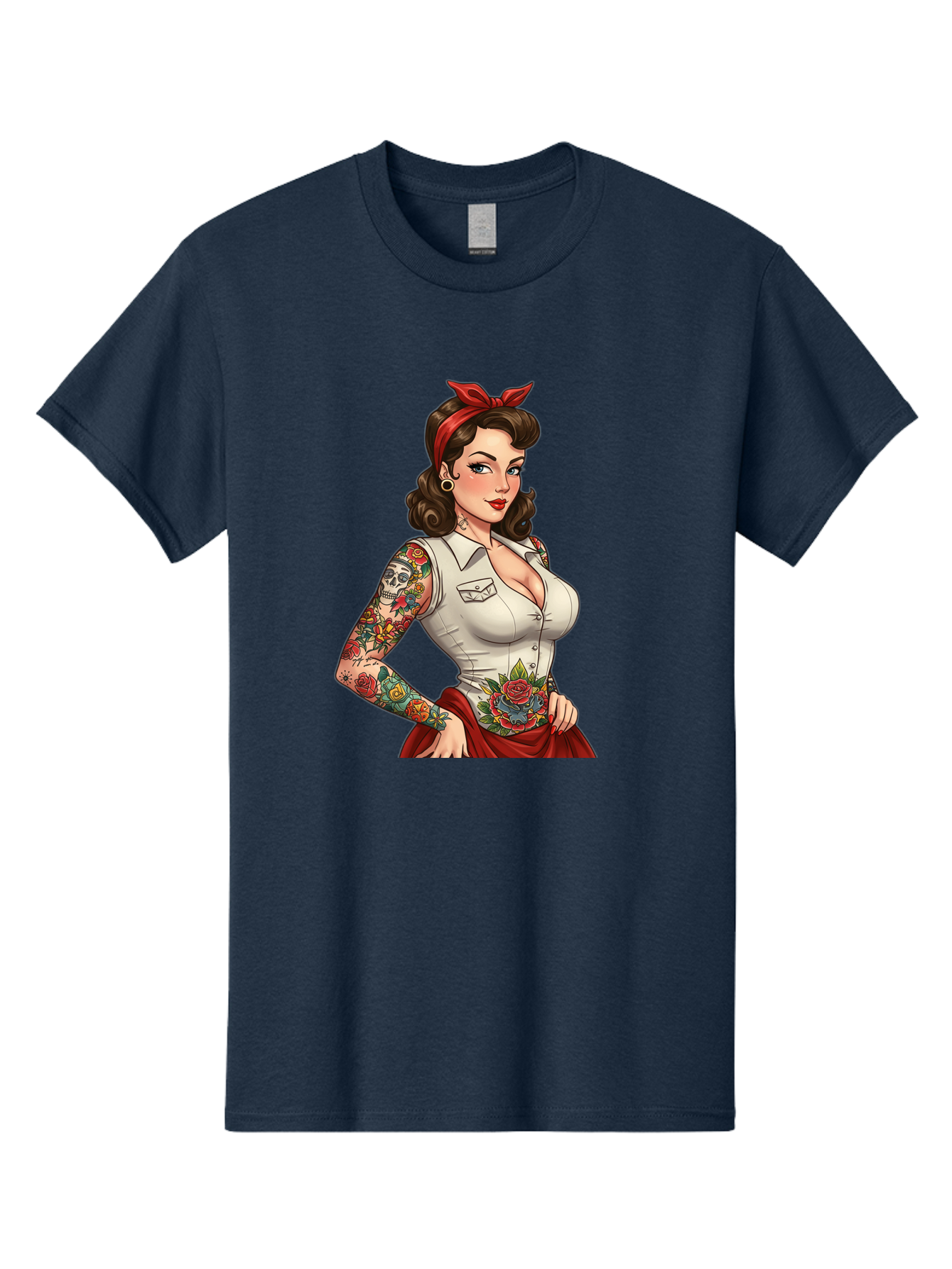 Pin-Up-Girl Men'S Graphic Tee, 100% Cotton, Comfortable Casual Summer Wear, Machine Washable, Pin-Up Girl, Vintage Style, Tattoos, Red Skirt, White Shirt, Curvy Figure, Cartoon Character, Retro Aesthetic, Feminine Charm, Bold And Sassy, Bad419