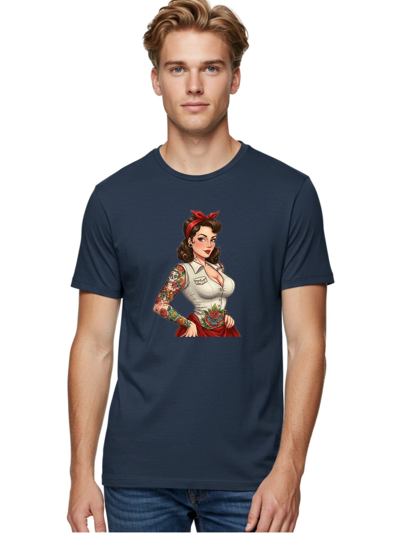 Pin-Up-Girl Men'S Graphic Tee, 100% Cotton, Comfortable Casual Summer Wear, Machine Washable, Pin-Up Girl, Vintage Style, Tattoos, Red Skirt, White Shirt, Curvy Figure, Cartoon Character, Retro Aesthetic, Feminine Charm, Bold And Sassy, Bad419