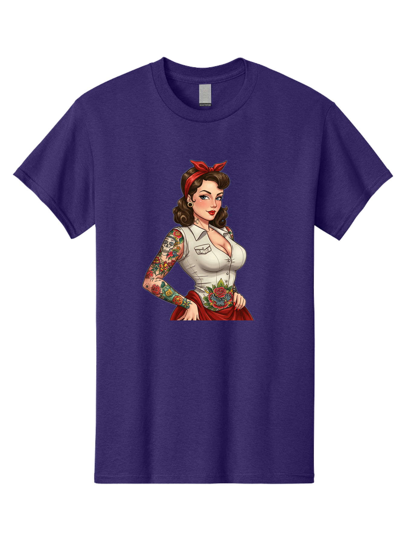 Pin-Up-Girl Men'S Graphic Tee, 100% Cotton, Comfortable Casual Summer Wear, Machine Washable, Pin-Up Girl, Vintage Style, Tattoos, Red Skirt, White Shirt, Curvy Figure, Cartoon Character, Retro Aesthetic, Feminine Charm, Bold And Sassy, Bad419