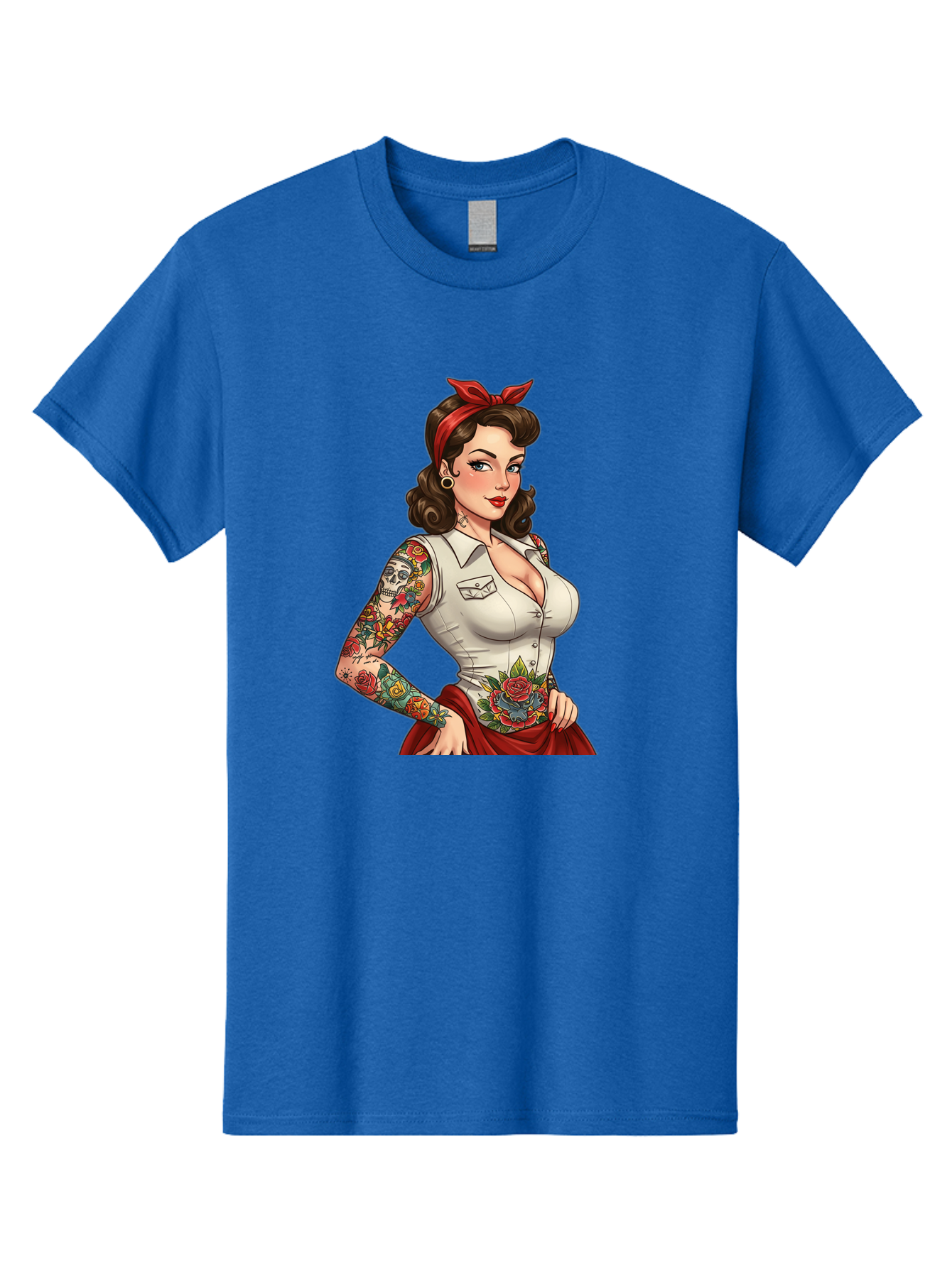 Pin-Up-Girl Men'S Graphic Tee, 100% Cotton, Comfortable Casual Summer Wear, Machine Washable, Pin-Up Girl, Vintage Style, Tattoos, Red Skirt, White Shirt, Curvy Figure, Cartoon Character, Retro Aesthetic, Feminine Charm, Bold And Sassy, Bad419