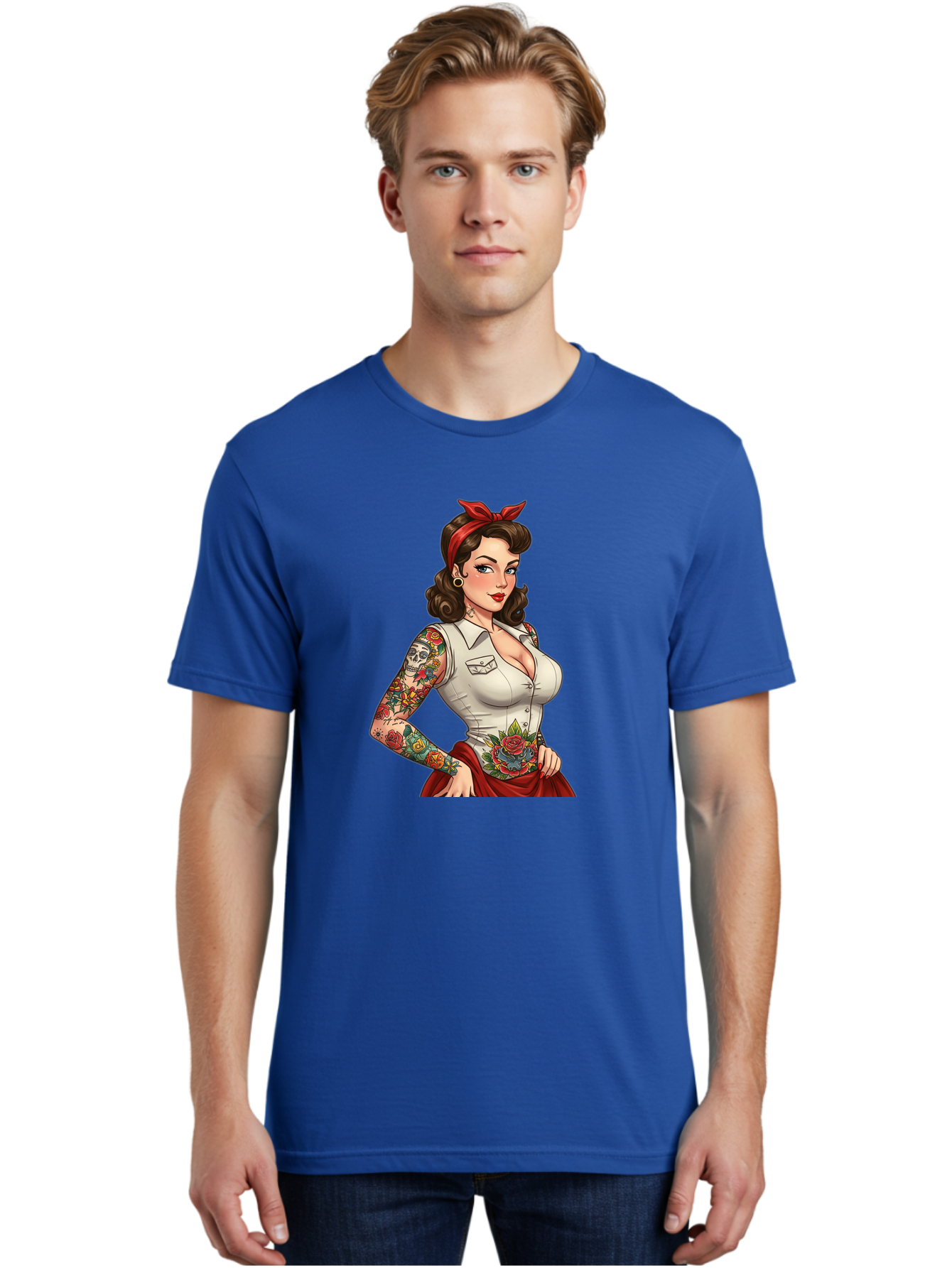 Pin-Up-Girl Men'S Graphic Tee, 100% Cotton, Comfortable Casual Summer Wear, Machine Washable, Pin-Up Girl, Vintage Style, Tattoos, Red Skirt, White Shirt, Curvy Figure, Cartoon Character, Retro Aesthetic, Feminine Charm, Bold And Sassy, Bad419