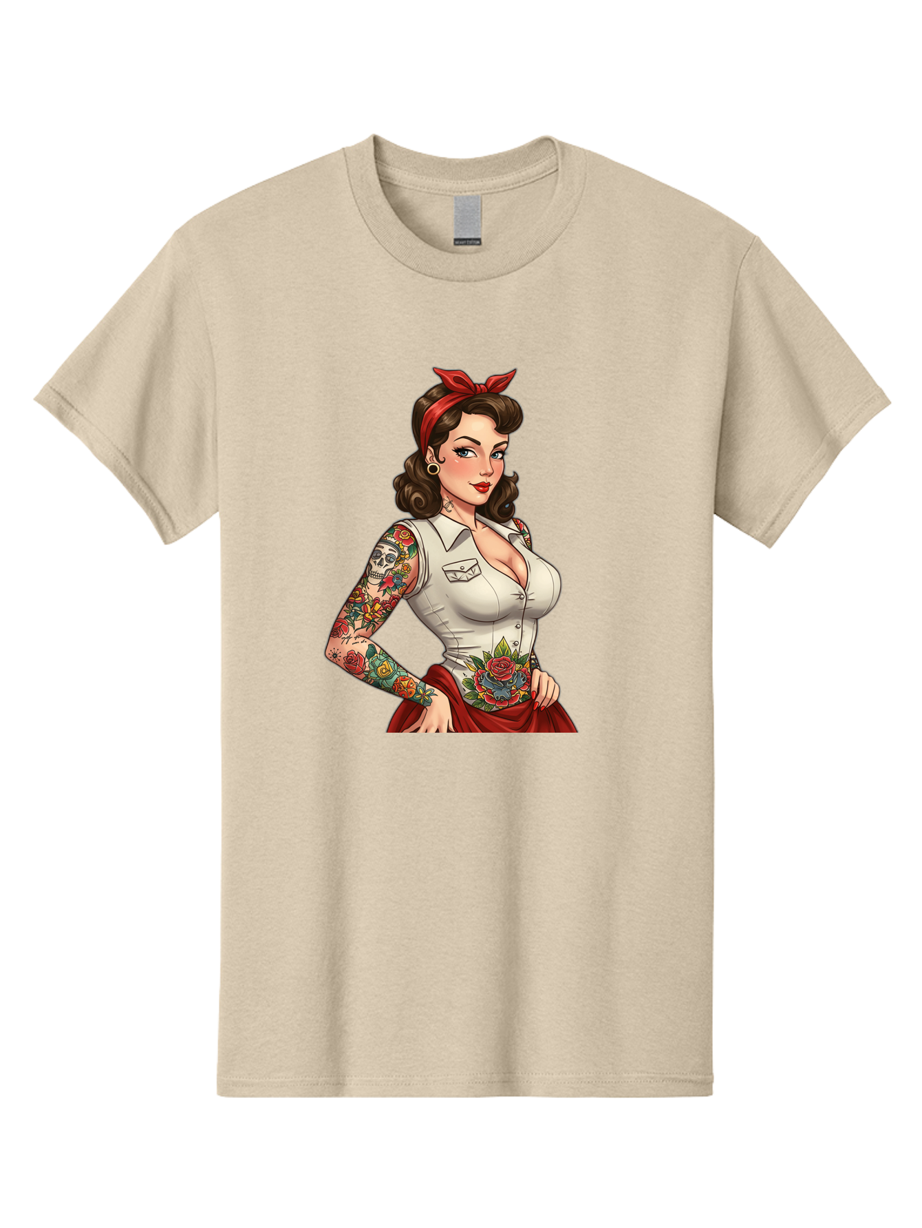 Pin-Up-Girl Men'S Graphic Tee, 100% Cotton, Comfortable Casual Summer Wear, Machine Washable, Pin-Up Girl, Vintage Style, Tattoos, Red Skirt, White Shirt, Curvy Figure, Cartoon Character, Retro Aesthetic, Feminine Charm, Bold And Sassy, Bad419