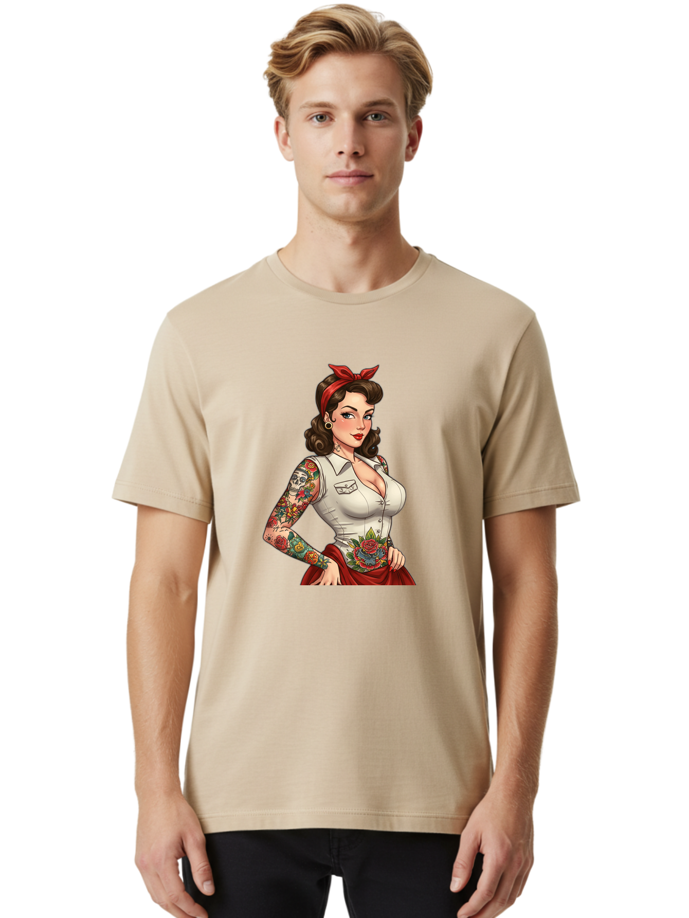 Pin-Up-Girl Men'S Graphic Tee, 100% Cotton, Comfortable Casual Summer Wear, Machine Washable, Pin-Up Girl, Vintage Style, Tattoos, Red Skirt, White Shirt, Curvy Figure, Cartoon Character, Retro Aesthetic, Feminine Charm, Bold And Sassy, Bad419