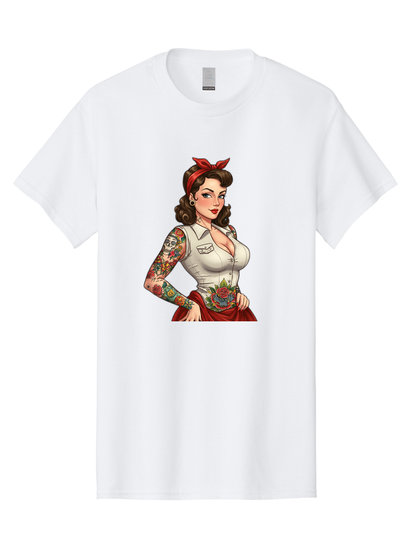 Pin-Up-Girl Men'S Graphic Tee, 100% Cotton, Comfortable Casual Summer Wear, Machine Washable, Pin-Up Girl, Vintage Style, Tattoos, Red Skirt, White Shirt, Curvy Figure, Cartoon Character, Retro Aesthetic, Feminine Charm, Bold And Sassy, Bad419