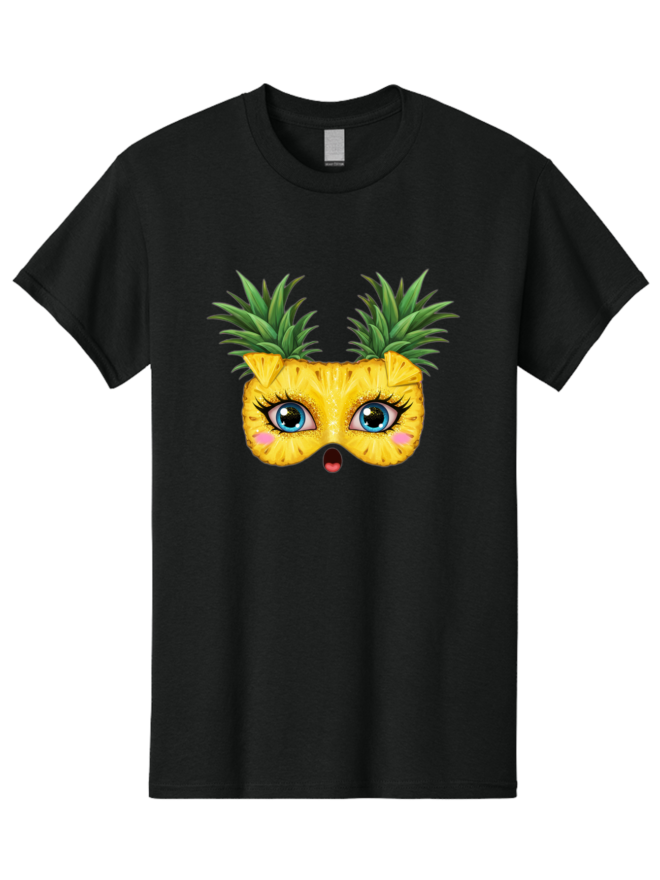 Pineapple-Mask Men'S Graphic Tee, 100% Cotton, Comfortable Casual Summer Wear, Machine Washable, Cartoon Pineapple With Face, Pineapple Character, Funny Fruit, Tropical Vibe, Blue Eyes, Eyelashes, Pink Cheeks, Surprised Expression, Summer Fun, Bad420