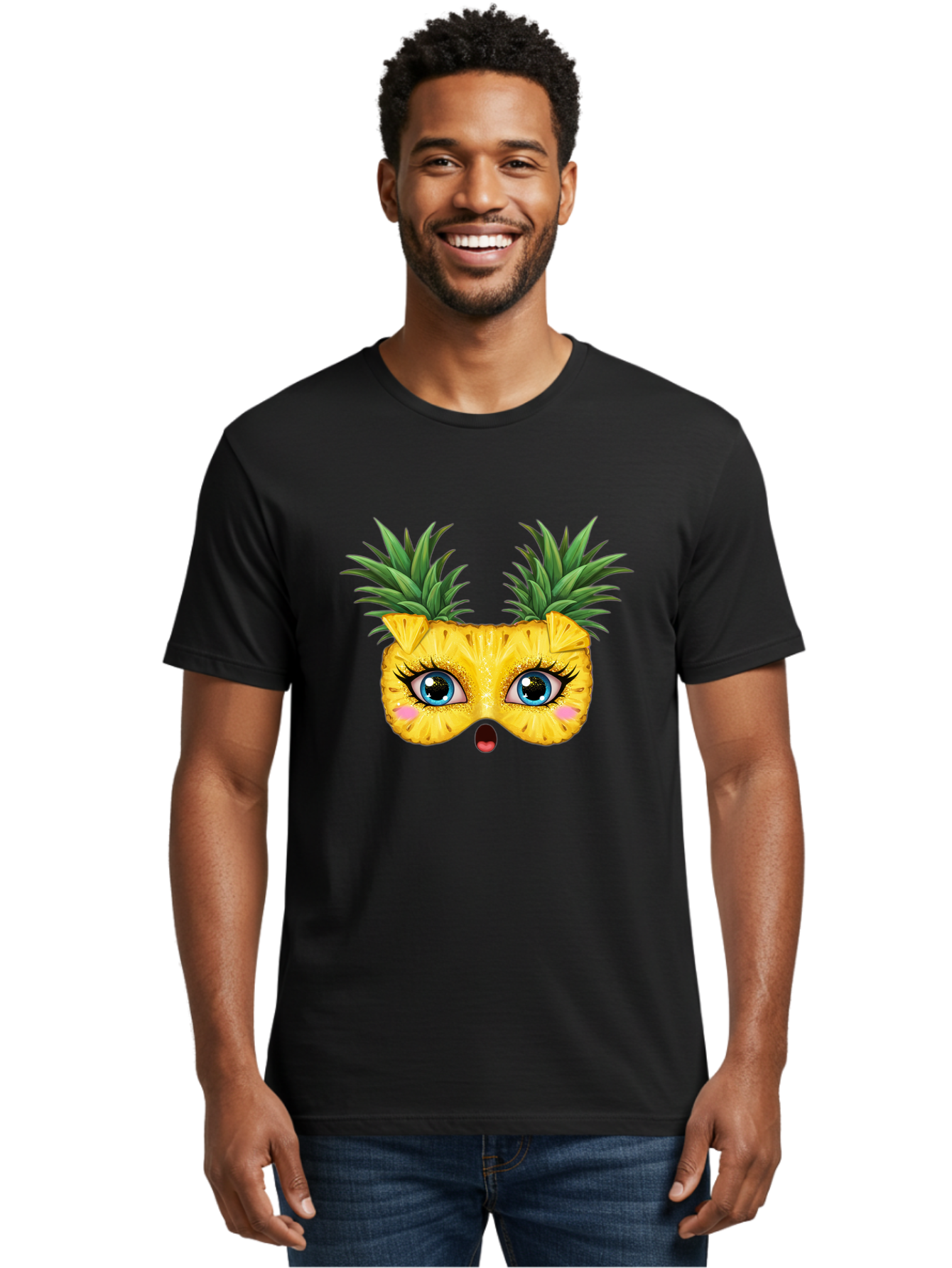 Pineapple-Mask Men'S Graphic Tee, 100% Cotton, Comfortable Casual Summer Wear, Machine Washable, Cartoon Pineapple With Face, Pineapple Character, Funny Fruit, Tropical Vibe, Blue Eyes, Eyelashes, Pink Cheeks, Surprised Expression, Summer Fun, Bad420