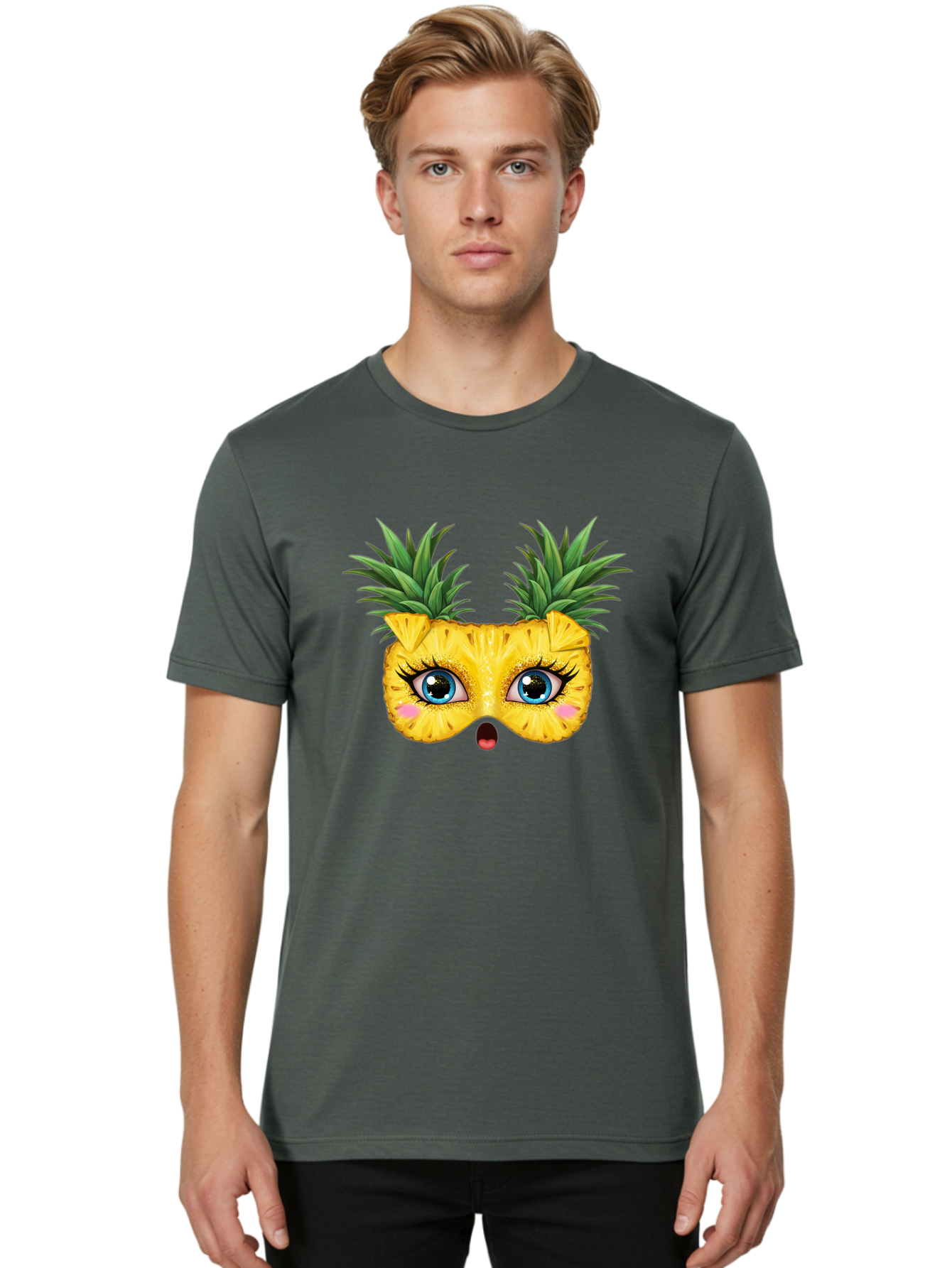 Pineapple-Mask Men'S Graphic Tee, 100% Cotton, Comfortable Casual Summer Wear, Machine Washable, Cartoon Pineapple With Face, Pineapple Character, Funny Fruit, Tropical Vibe, Blue Eyes, Eyelashes, Pink Cheeks, Surprised Expression, Summer Fun, Bad420