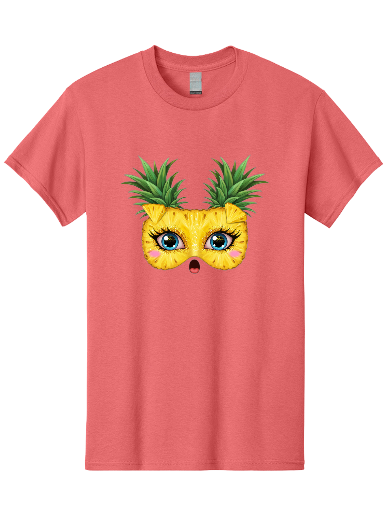 Pineapple-Mask Men'S Graphic Tee, 100% Cotton, Comfortable Casual Summer Wear, Machine Washable, Cartoon Pineapple With Face, Pineapple Character, Funny Fruit, Tropical Vibe, Blue Eyes, Eyelashes, Pink Cheeks, Surprised Expression, Summer Fun, Bad420
