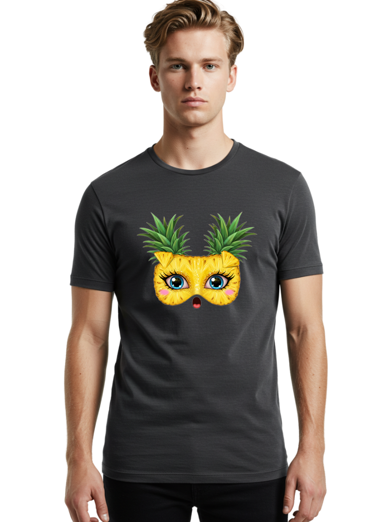 Pineapple-Mask Men'S Graphic Tee, 100% Cotton, Comfortable Casual Summer Wear, Machine Washable, Cartoon Pineapple With Face, Pineapple Character, Funny Fruit, Tropical Vibe, Blue Eyes, Eyelashes, Pink Cheeks, Surprised Expression, Summer Fun, Bad420