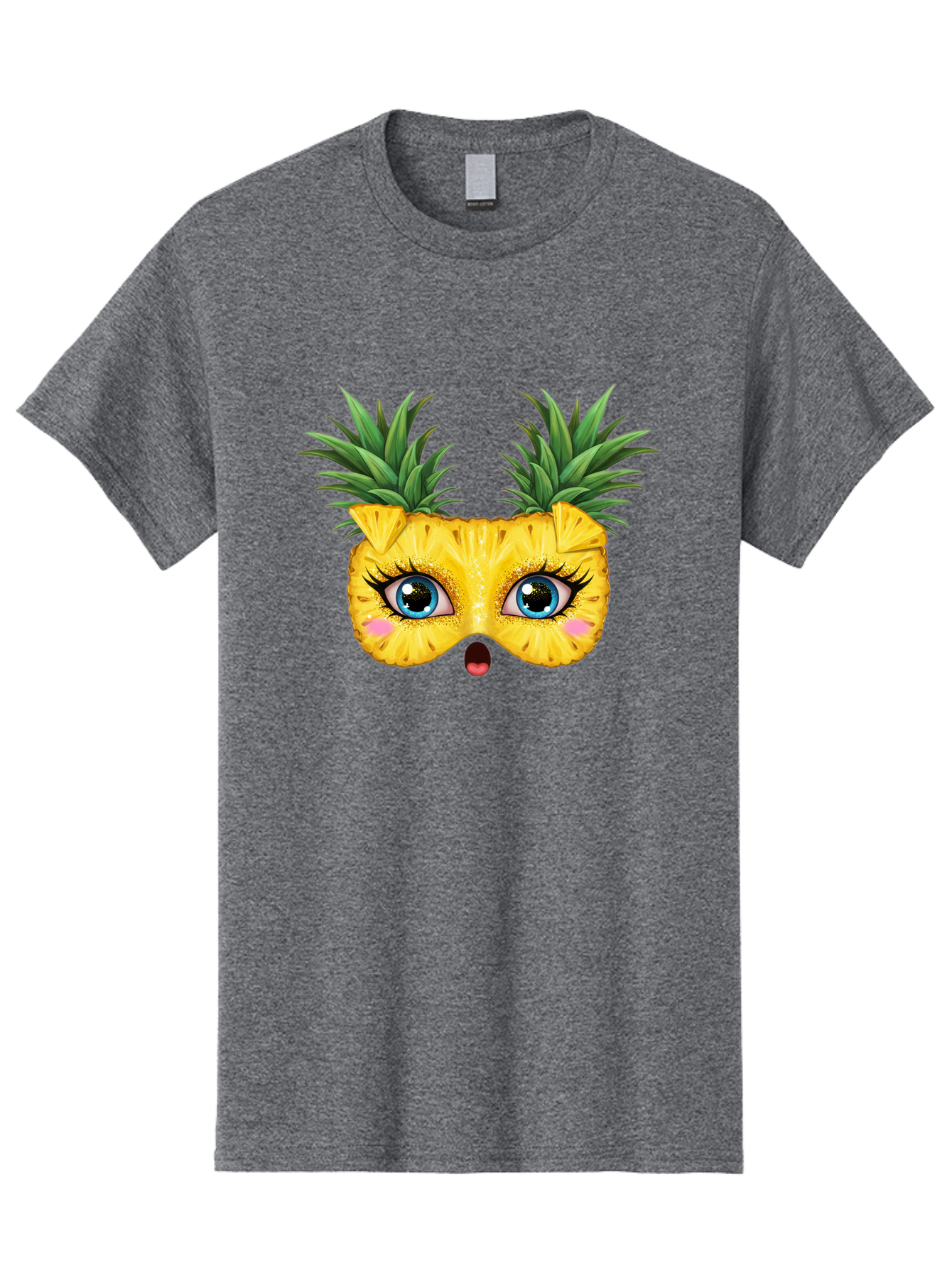 Pineapple-Mask Men'S Graphic Tee, 100% Cotton, Comfortable Casual Summer Wear, Machine Washable, Cartoon Pineapple With Face, Pineapple Character, Funny Fruit, Tropical Vibe, Blue Eyes, Eyelashes, Pink Cheeks, Surprised Expression, Summer Fun, Bad420