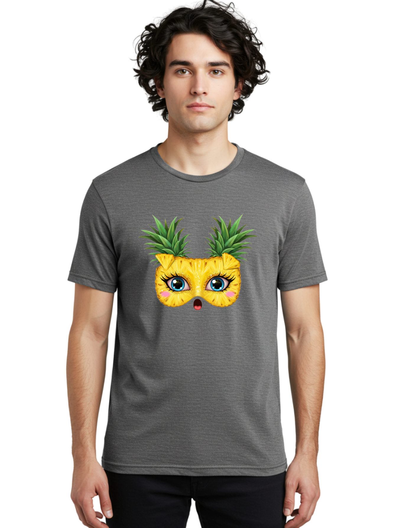 Pineapple-Mask Men'S Graphic Tee, 100% Cotton, Comfortable Casual Summer Wear, Machine Washable, Cartoon Pineapple With Face, Pineapple Character, Funny Fruit, Tropical Vibe, Blue Eyes, Eyelashes, Pink Cheeks, Surprised Expression, Summer Fun, Bad420