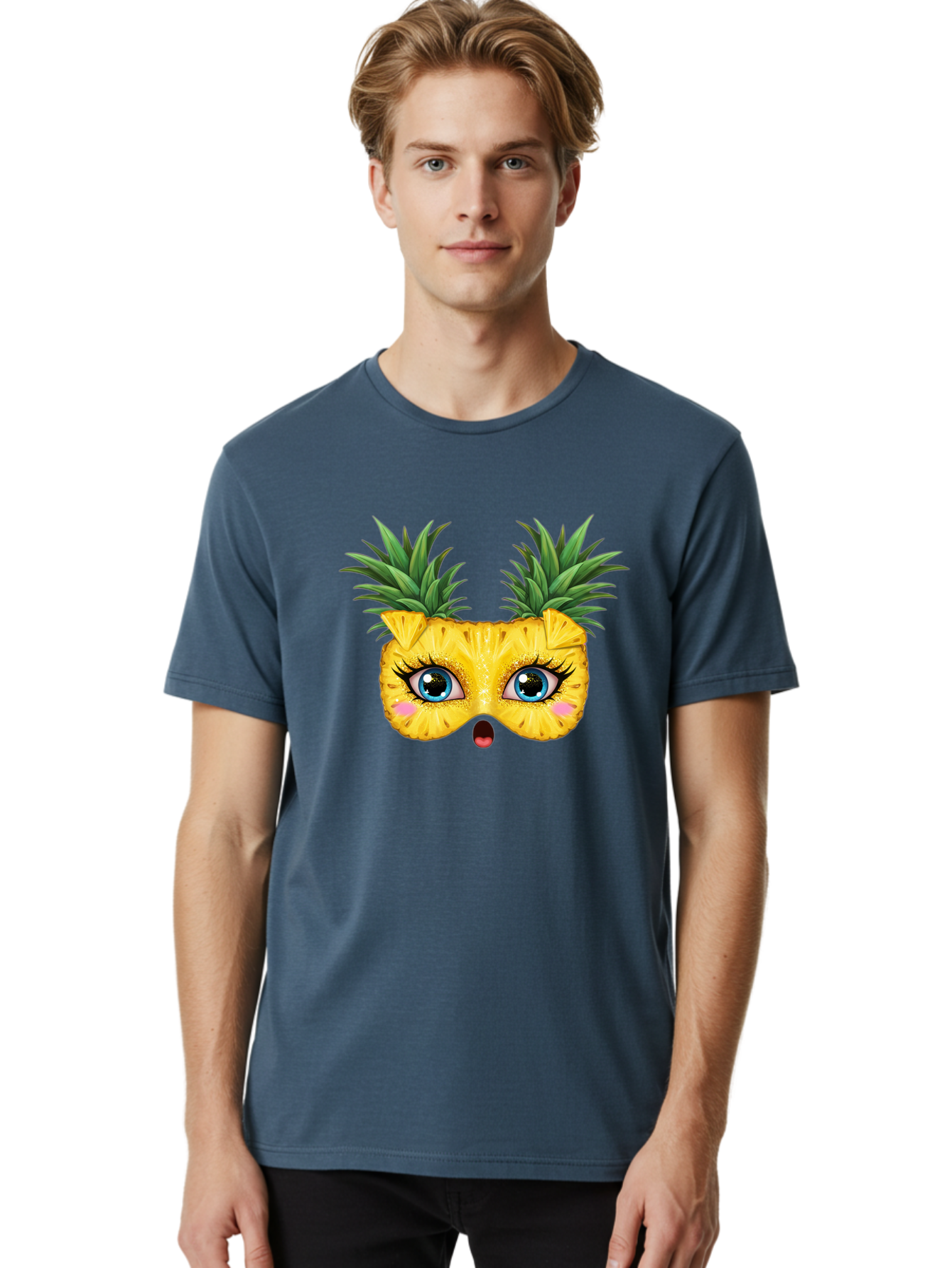 Pineapple-Mask Men'S Graphic Tee, 100% Cotton, Comfortable Casual Summer Wear, Machine Washable, Cartoon Pineapple With Face, Pineapple Character, Funny Fruit, Tropical Vibe, Blue Eyes, Eyelashes, Pink Cheeks, Surprised Expression, Summer Fun, Bad420