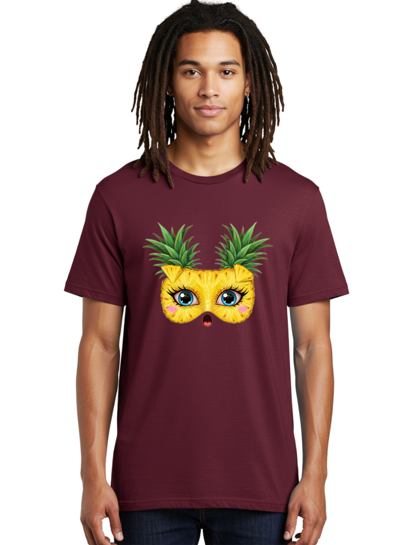 Pineapple-Mask Men'S Graphic Tee, 100% Cotton, Comfortable Casual Summer Wear, Machine Washable, Cartoon Pineapple With Face, Pineapple Character, Funny Fruit, Tropical Vibe, Blue Eyes, Eyelashes, Pink Cheeks, Surprised Expression, Summer Fun, Bad420