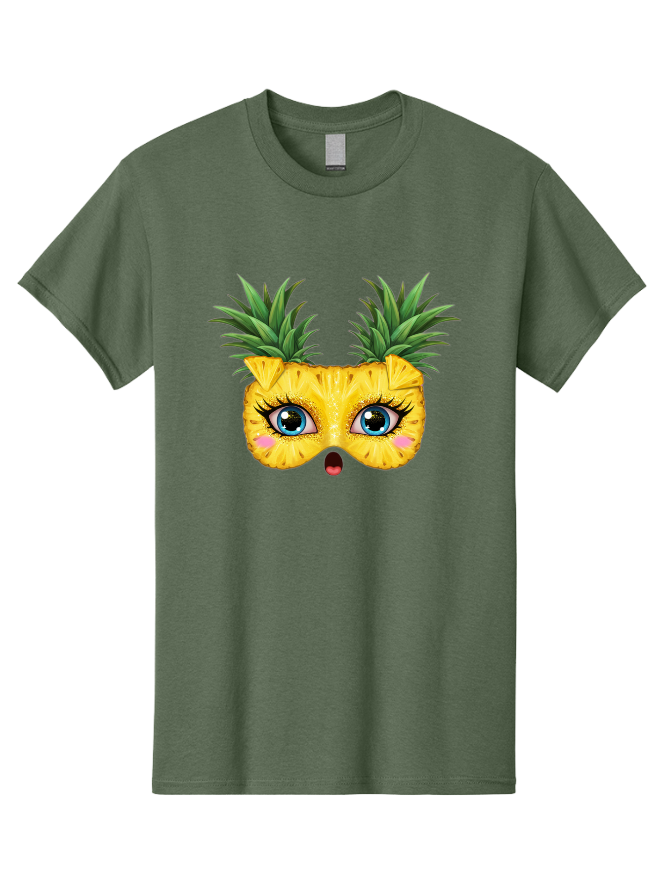 Pineapple-Mask Men'S Graphic Tee, 100% Cotton, Comfortable Casual Summer Wear, Machine Washable, Cartoon Pineapple With Face, Pineapple Character, Funny Fruit, Tropical Vibe, Blue Eyes, Eyelashes, Pink Cheeks, Surprised Expression, Summer Fun, Bad420