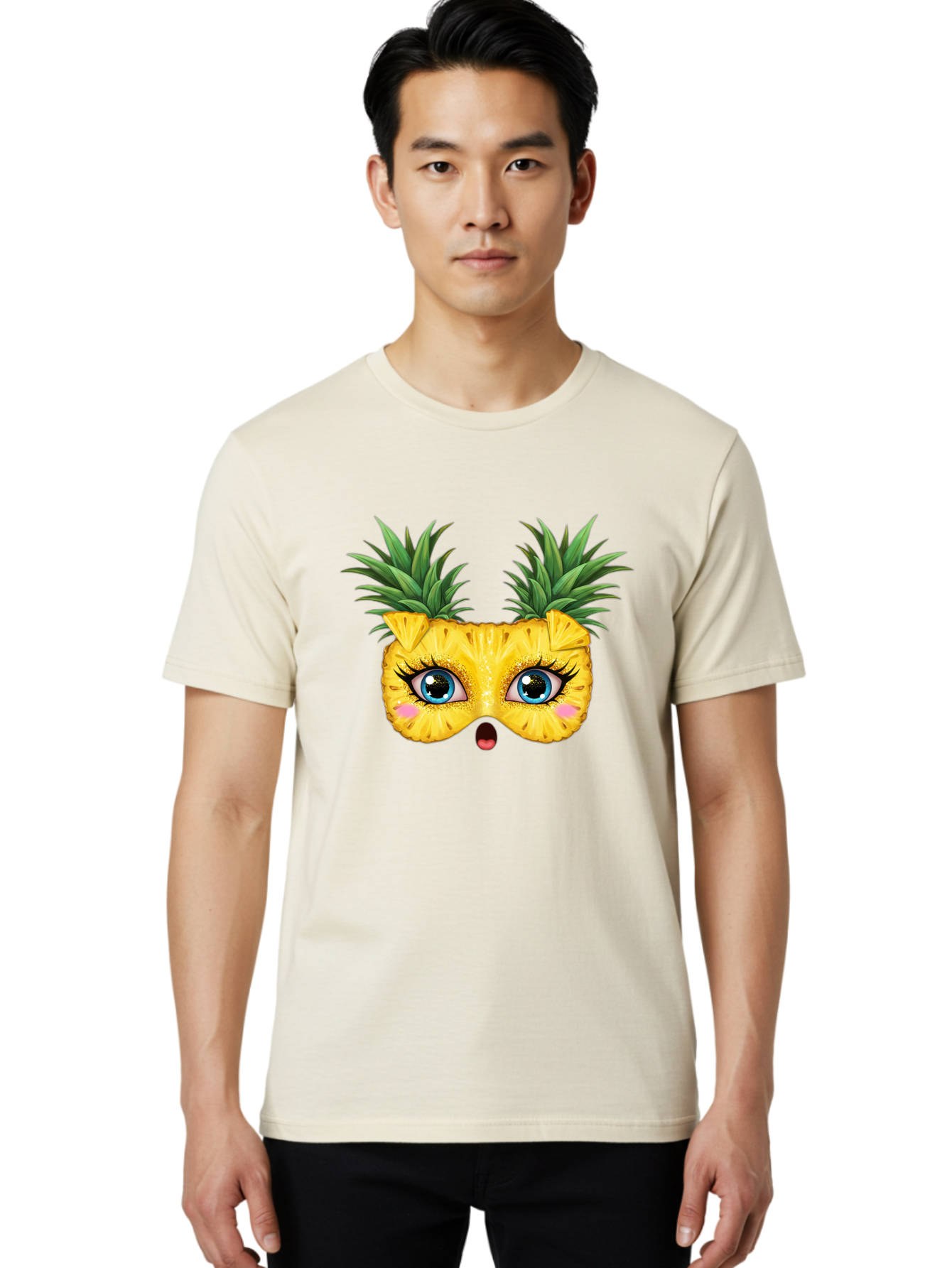 Pineapple-Mask Men'S Graphic Tee, 100% Cotton, Comfortable Casual Summer Wear, Machine Washable, Cartoon Pineapple With Face, Pineapple Character, Funny Fruit, Tropical Vibe, Blue Eyes, Eyelashes, Pink Cheeks, Surprised Expression, Summer Fun, Bad420