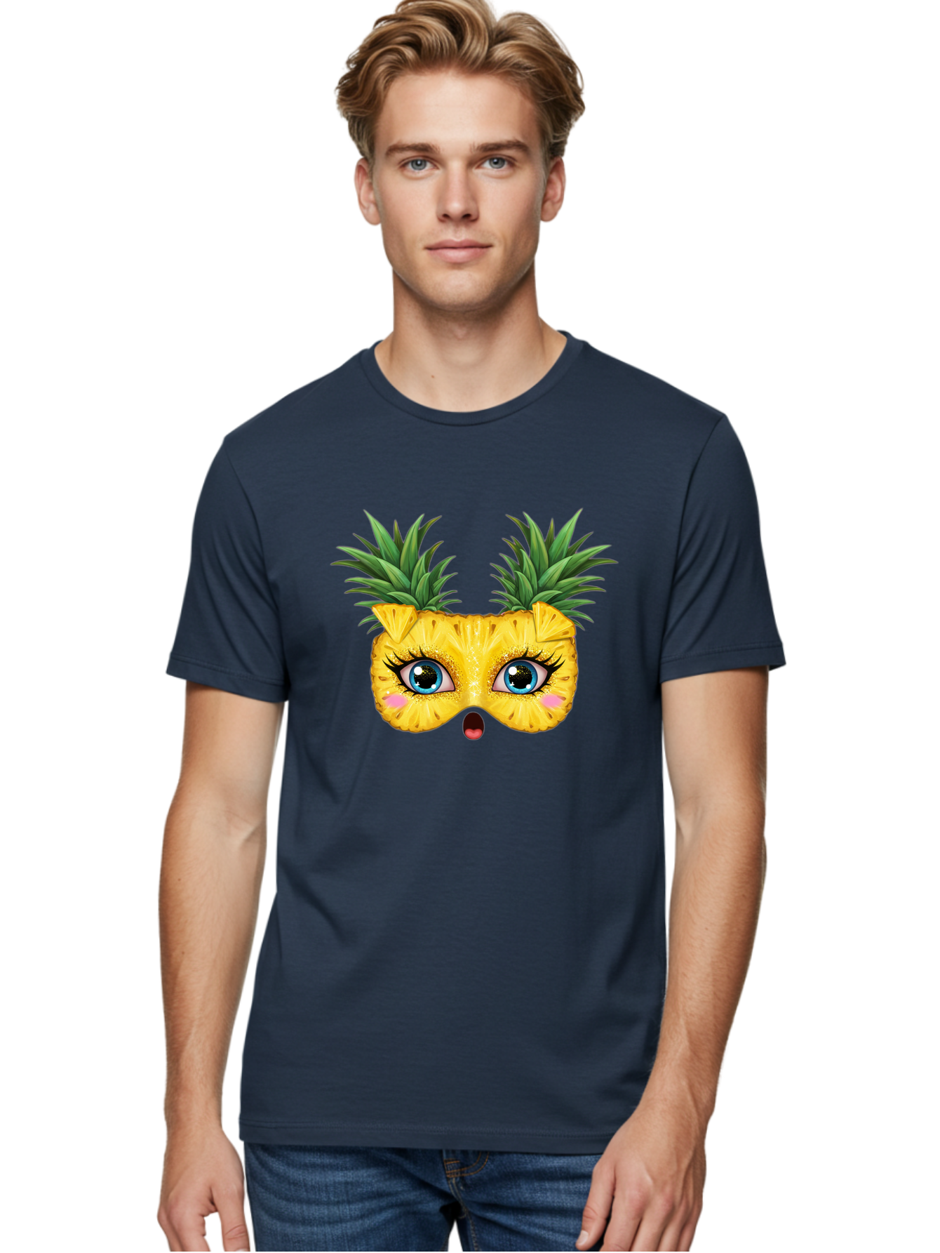 Pineapple-Mask Men'S Graphic Tee, 100% Cotton, Comfortable Casual Summer Wear, Machine Washable, Cartoon Pineapple With Face, Pineapple Character, Funny Fruit, Tropical Vibe, Blue Eyes, Eyelashes, Pink Cheeks, Surprised Expression, Summer Fun, Bad420