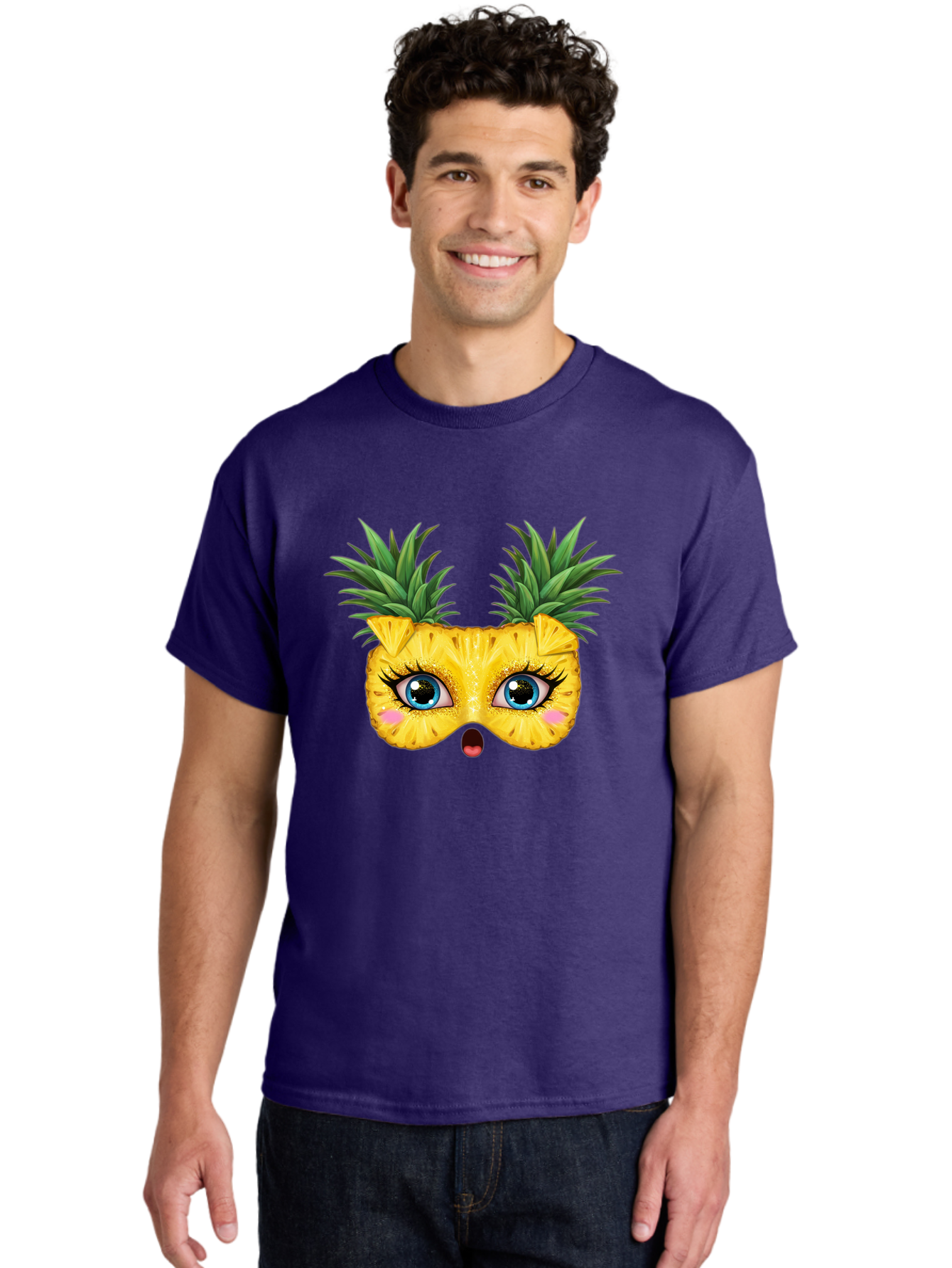 Pineapple-Mask Men'S Graphic Tee, 100% Cotton, Comfortable Casual Summer Wear, Machine Washable, Cartoon Pineapple With Face, Pineapple Character, Funny Fruit, Tropical Vibe, Blue Eyes, Eyelashes, Pink Cheeks, Surprised Expression, Summer Fun, Bad420