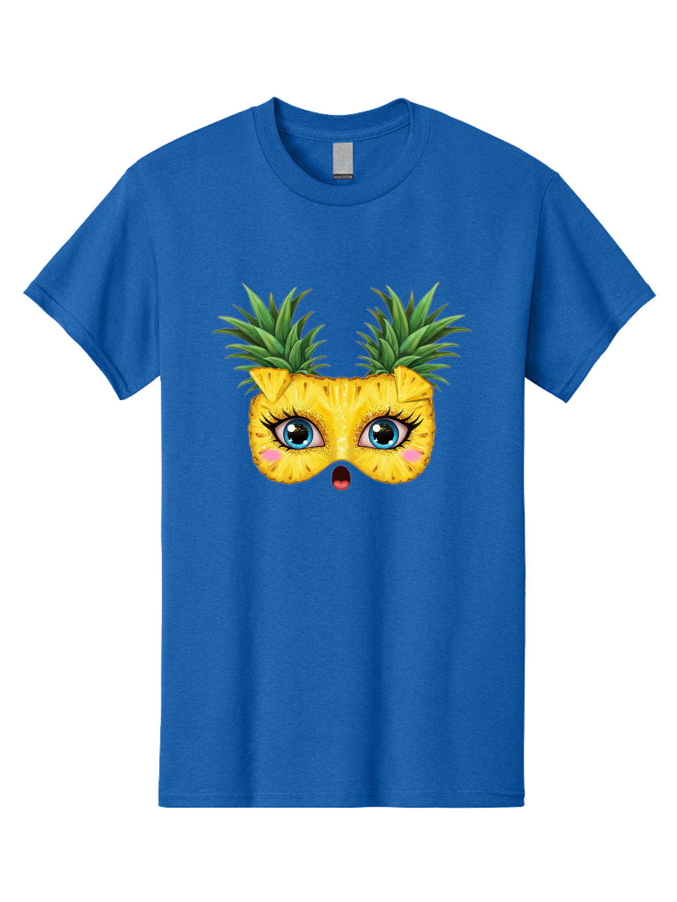 Pineapple-Mask Men'S Graphic Tee, 100% Cotton, Comfortable Casual Summer Wear, Machine Washable, Cartoon Pineapple With Face, Pineapple Character, Funny Fruit, Tropical Vibe, Blue Eyes, Eyelashes, Pink Cheeks, Surprised Expression, Summer Fun, Bad420