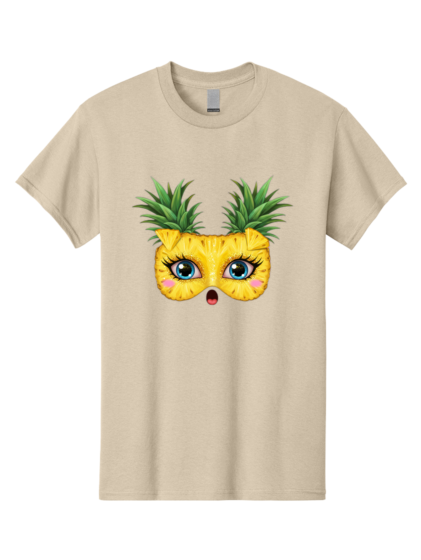 Pineapple-Mask Men'S Graphic Tee, 100% Cotton, Comfortable Casual Summer Wear, Machine Washable, Cartoon Pineapple With Face, Pineapple Character, Funny Fruit, Tropical Vibe, Blue Eyes, Eyelashes, Pink Cheeks, Surprised Expression, Summer Fun, Bad420
