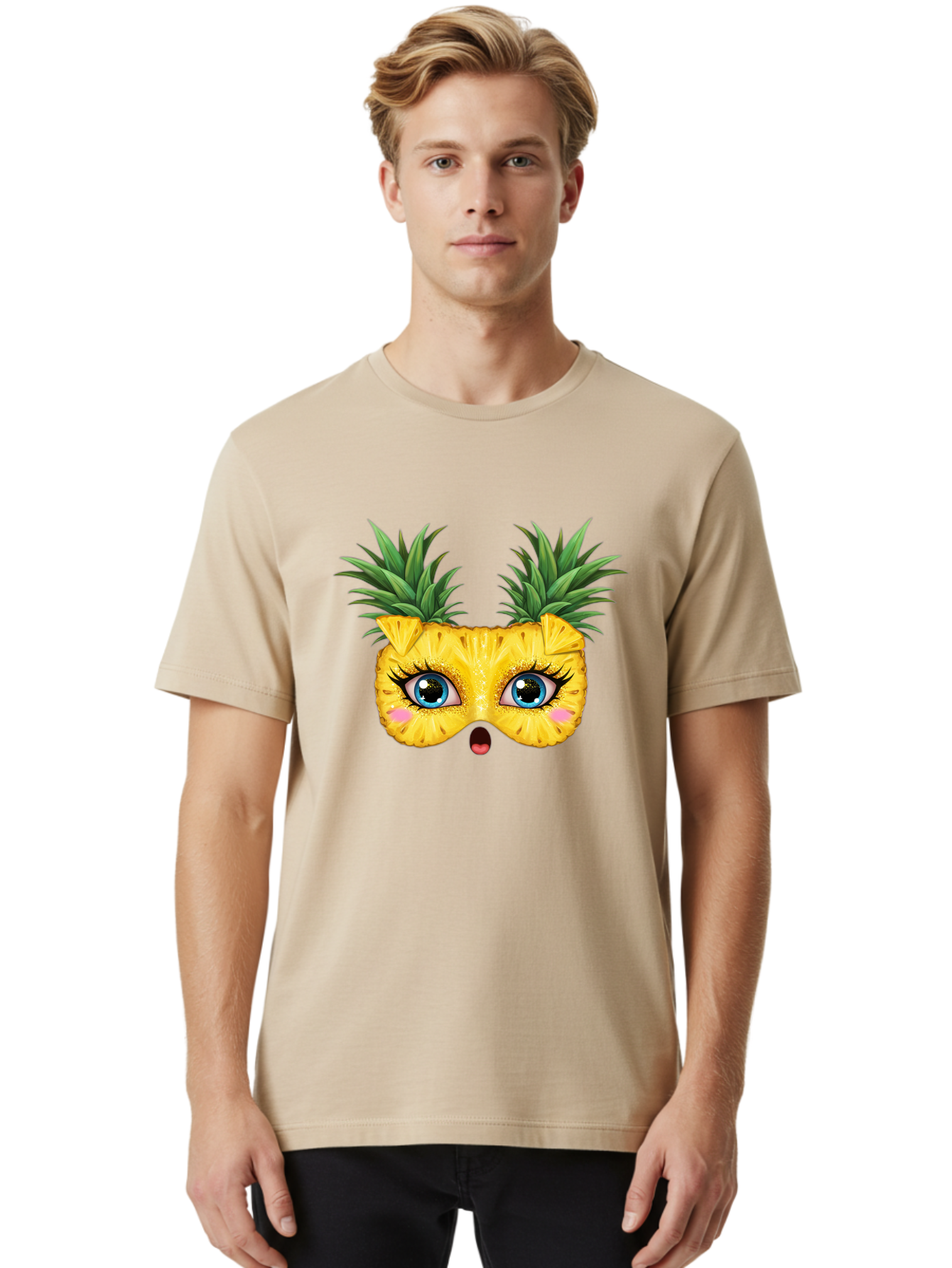 Pineapple-Mask Men'S Graphic Tee, 100% Cotton, Comfortable Casual Summer Wear, Machine Washable, Cartoon Pineapple With Face, Pineapple Character, Funny Fruit, Tropical Vibe, Blue Eyes, Eyelashes, Pink Cheeks, Surprised Expression, Summer Fun, Bad420