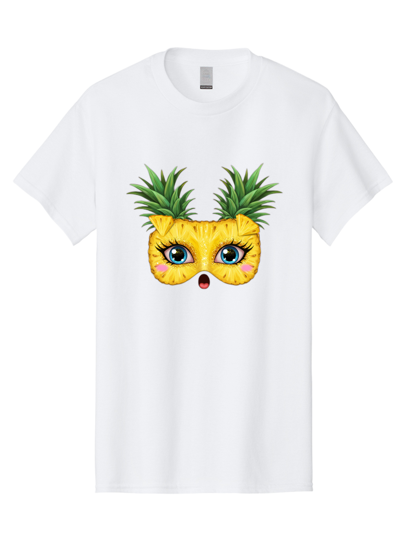 Pineapple-Mask Men'S Graphic Tee, 100% Cotton, Comfortable Casual Summer Wear, Machine Washable, Cartoon Pineapple With Face, Pineapple Character, Funny Fruit, Tropical Vibe, Blue Eyes, Eyelashes, Pink Cheeks, Surprised Expression, Summer Fun, Bad420
