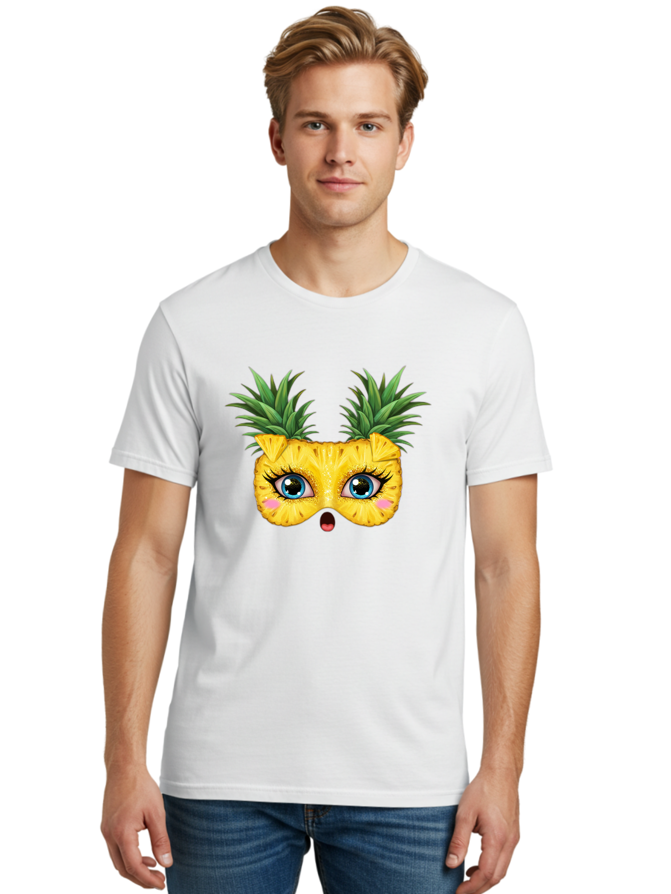 Pineapple-Mask Men'S Graphic Tee, 100% Cotton, Comfortable Casual Summer Wear, Machine Washable, Cartoon Pineapple With Face, Pineapple Character, Funny Fruit, Tropical Vibe, Blue Eyes, Eyelashes, Pink Cheeks, Surprised Expression, Summer Fun, Bad420