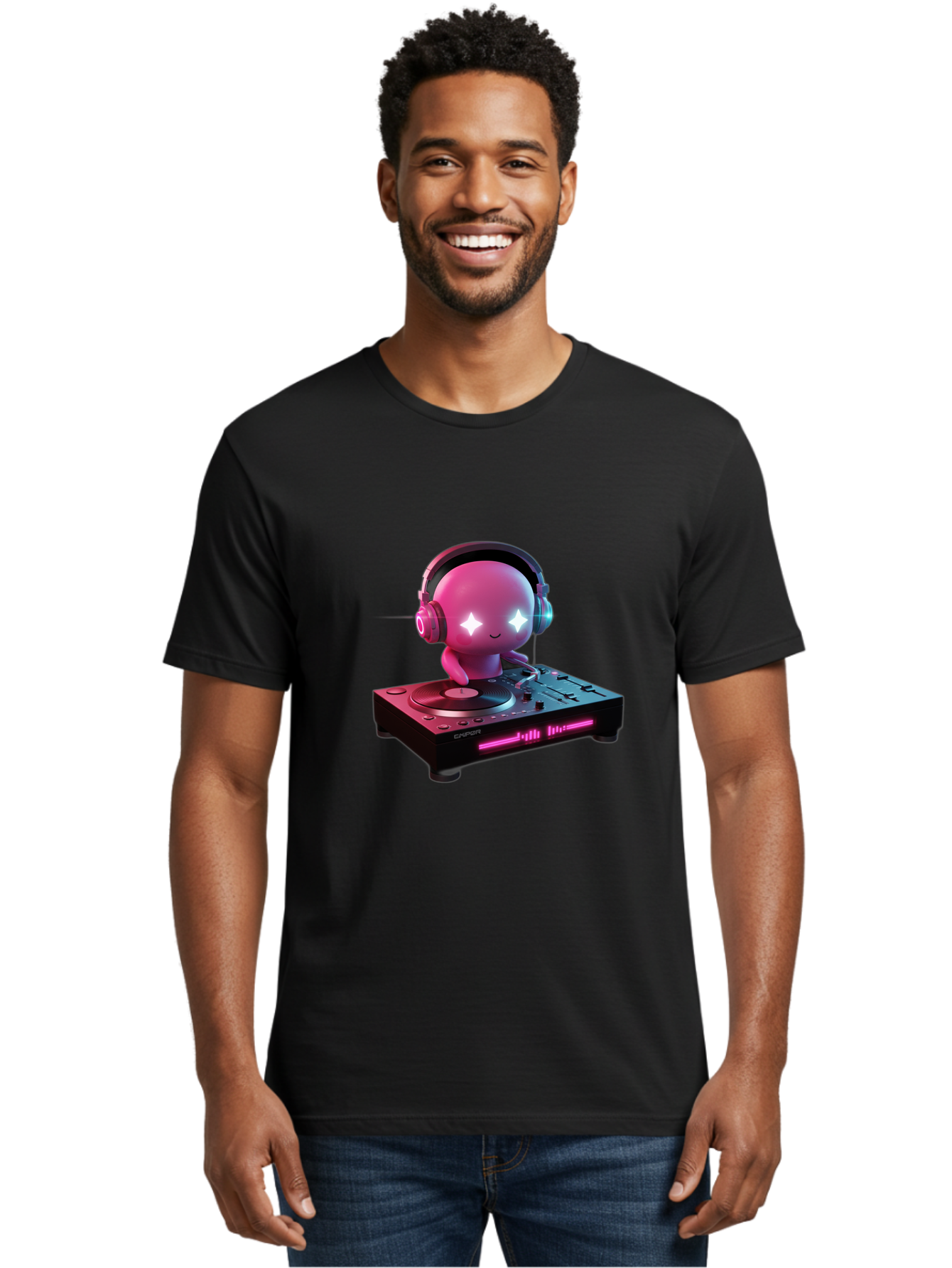 Pink-Alien-Dj Men'S Graphic Tee, 100% Cotton, Comfortable Casual Summer Wear, Machine Washable, Character Djing, Pink Headphones, Sparkling Eyes, Vinyl Record, Music Production, Electronic Dance Music, Dj Controller, Vibrant Scene, Bad421