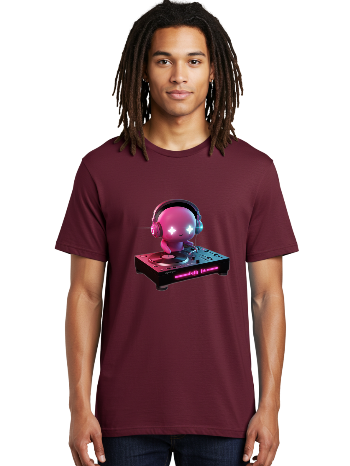 Pink-Alien-Dj Men'S Graphic Tee, 100% Cotton, Comfortable Casual Summer Wear, Machine Washable, Character Djing, Pink Headphones, Sparkling Eyes, Vinyl Record, Music Production, Electronic Dance Music, Dj Controller, Vibrant Scene, Bad421