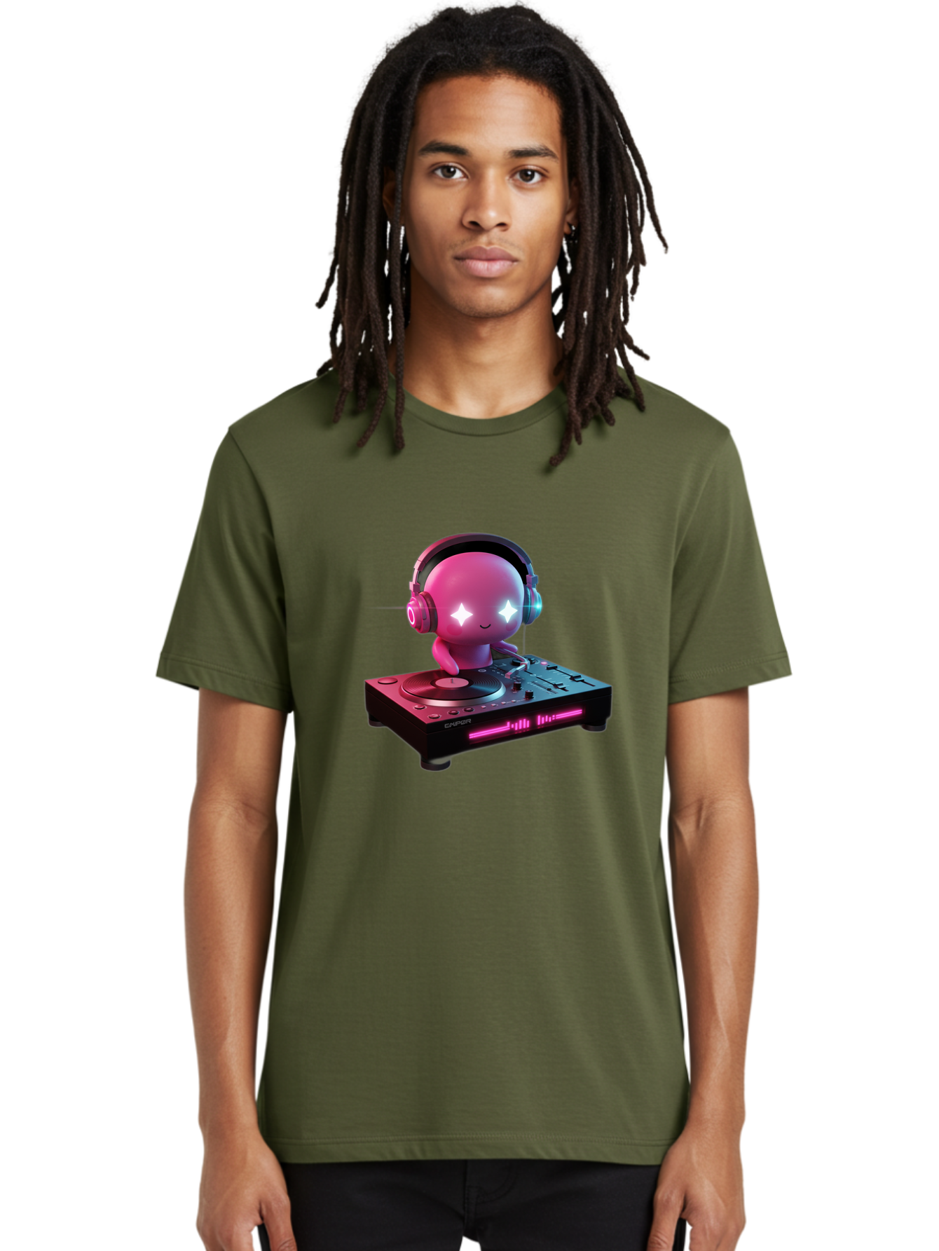 Pink-Alien-Dj Men'S Graphic Tee, 100% Cotton, Comfortable Casual Summer Wear, Machine Washable, Character Djing, Pink Headphones, Sparkling Eyes, Vinyl Record, Music Production, Electronic Dance Music, Dj Controller, Vibrant Scene, Bad421