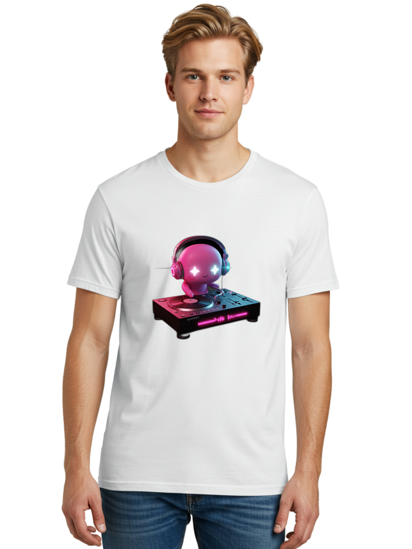Pink-Alien-Dj Men'S Graphic Tee, 100% Cotton, Comfortable Casual Summer Wear, Machine Washable, Character Djing, Pink Headphones, Sparkling Eyes, Vinyl Record, Music Production, Electronic Dance Music, Dj Controller, Vibrant Scene, Bad421
