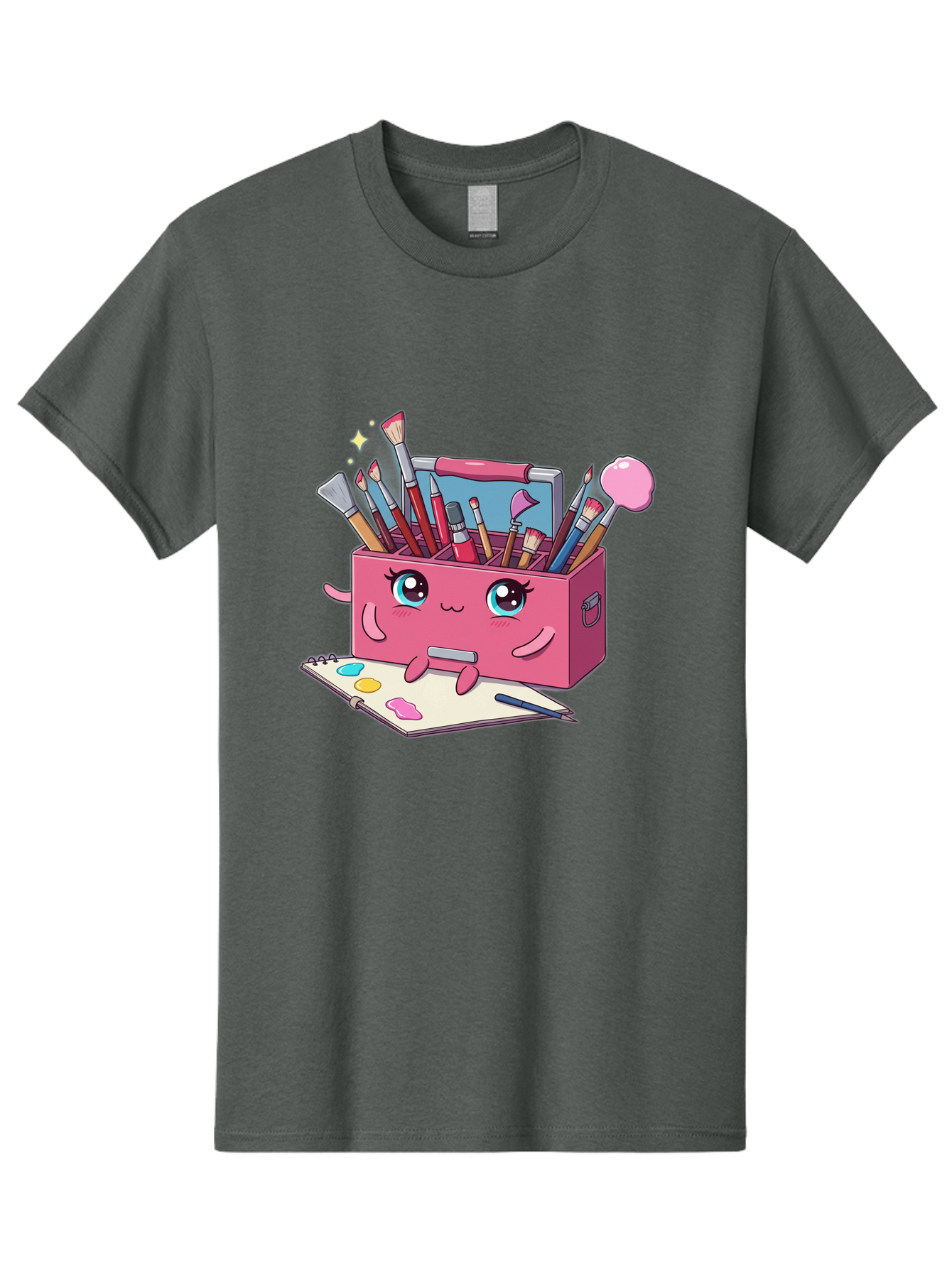 Pink-Art-Supply-Box Men'S Graphic Tee, 100% Cotton, Comfortable Casual Summer Wear, Machine Washable, Cartoon Toolbox, Art Supplies, Paintbrushes, Pencils, Colorful Palette, Creative Expression, Artistic Tools, Kawaii Character, Bad422
