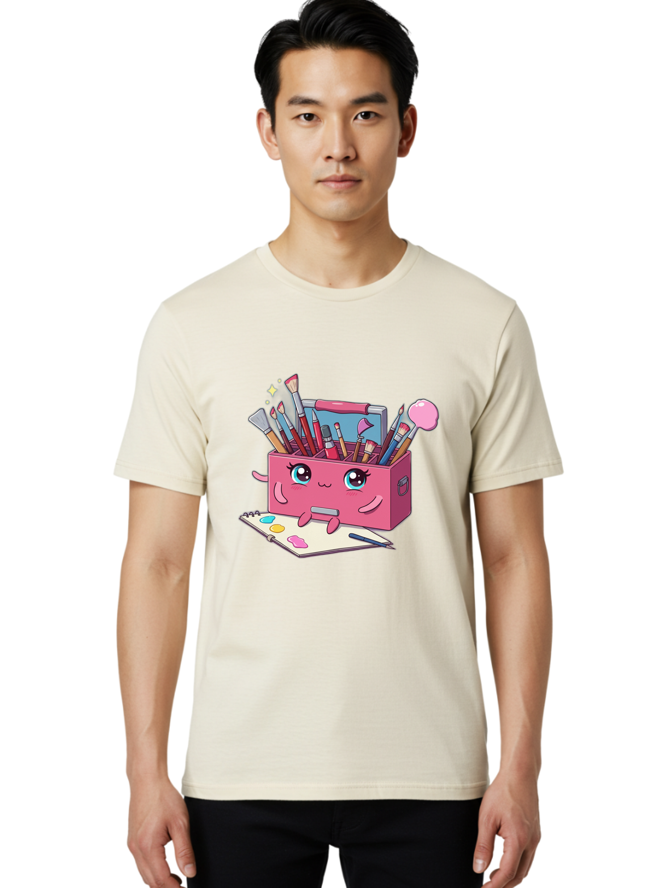 Pink-Art-Supply-Box Men'S Graphic Tee, 100% Cotton, Comfortable Casual Summer Wear, Machine Washable, Cartoon Toolbox, Art Supplies, Paintbrushes, Pencils, Colorful Palette, Creative Expression, Artistic Tools, Kawaii Character, Bad422