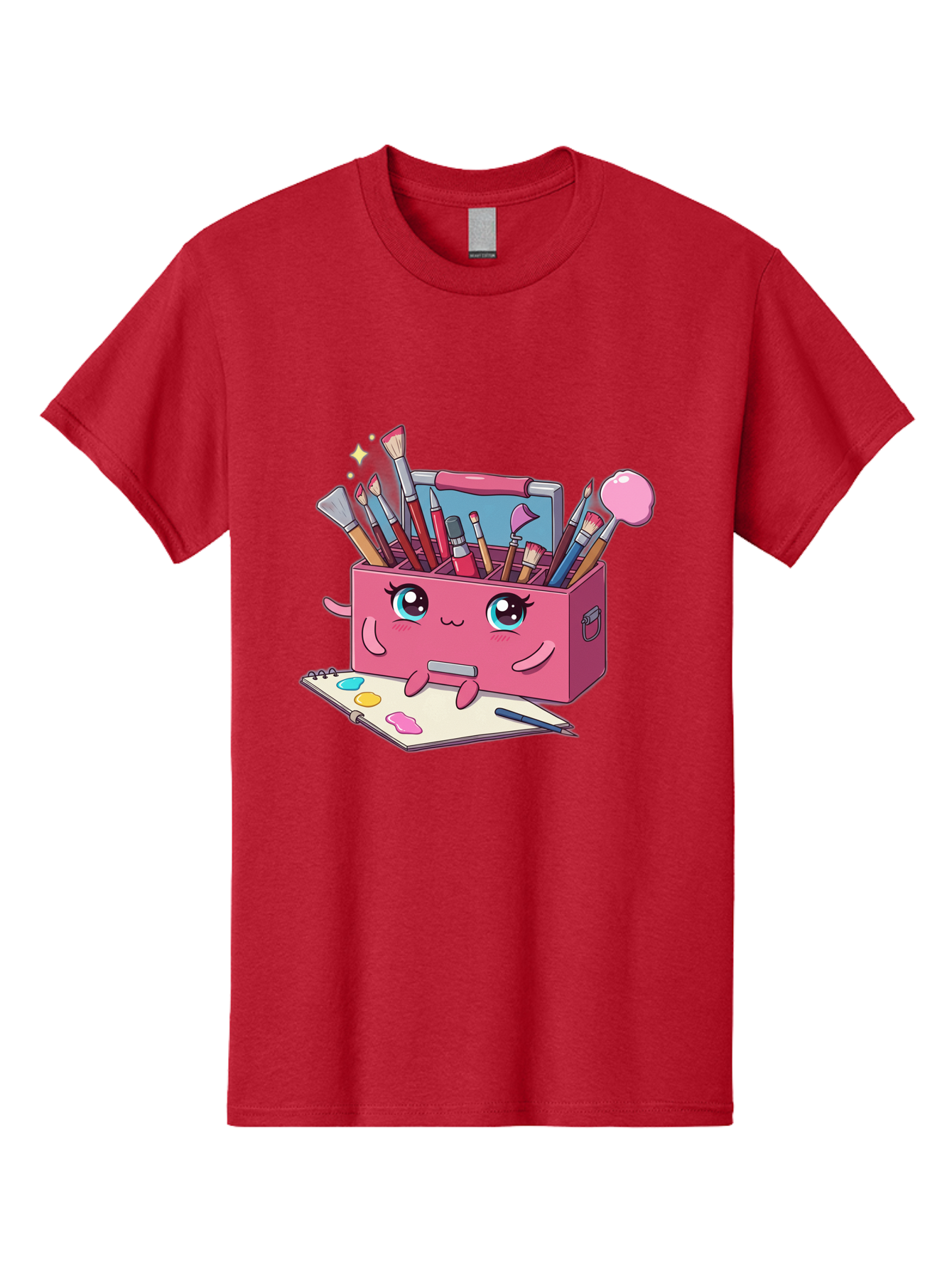Pink-Art-Supply-Box Men'S Graphic Tee, 100% Cotton, Comfortable Casual Summer Wear, Machine Washable, Cartoon Toolbox, Art Supplies, Paintbrushes, Pencils, Colorful Palette, Creative Expression, Artistic Tools, Kawaii Character, Bad422