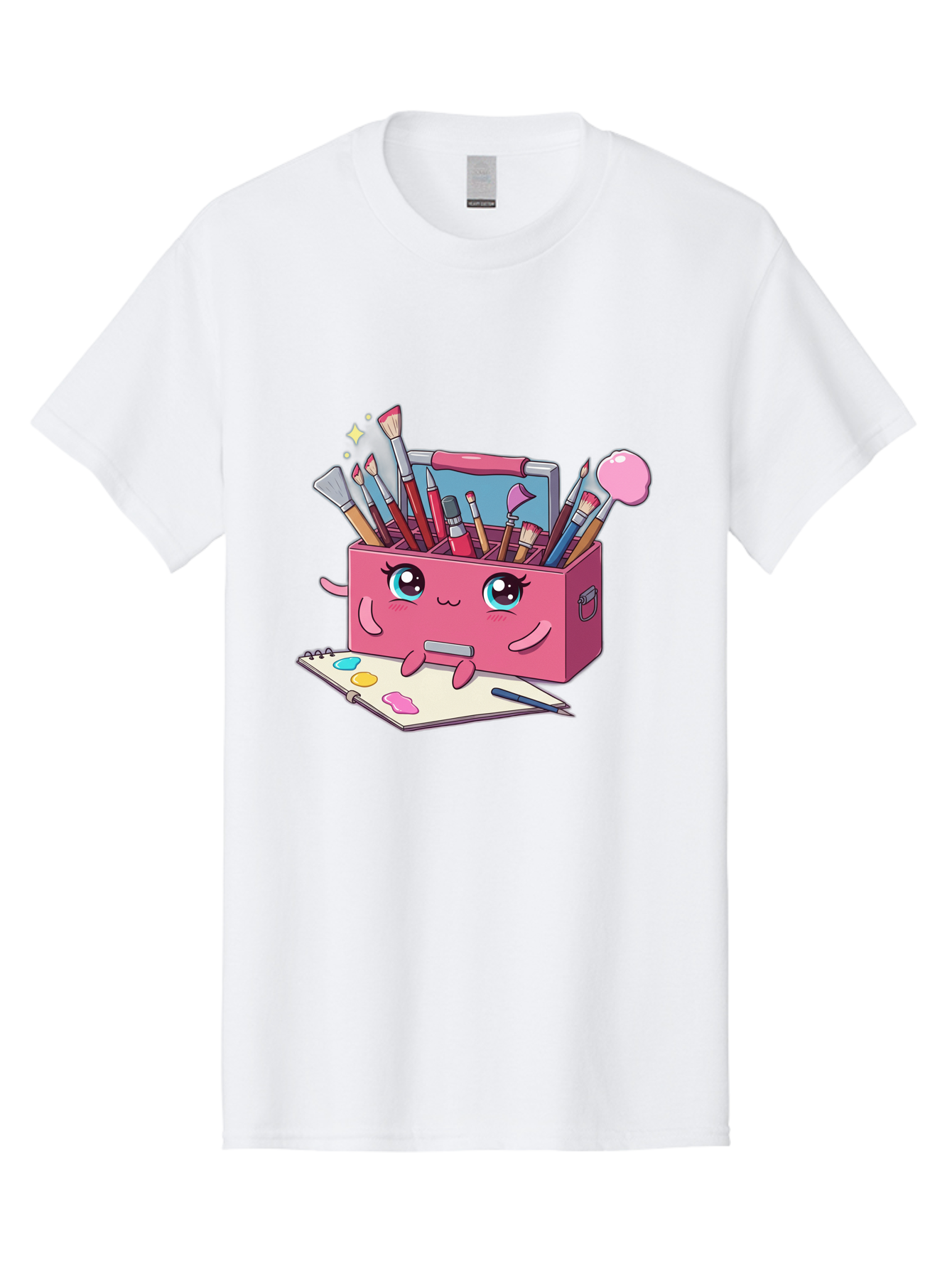 Pink-Art-Supply-Box Men'S Graphic Tee, 100% Cotton, Comfortable Casual Summer Wear, Machine Washable, Cartoon Toolbox, Art Supplies, Paintbrushes, Pencils, Colorful Palette, Creative Expression, Artistic Tools, Kawaii Character, Bad422