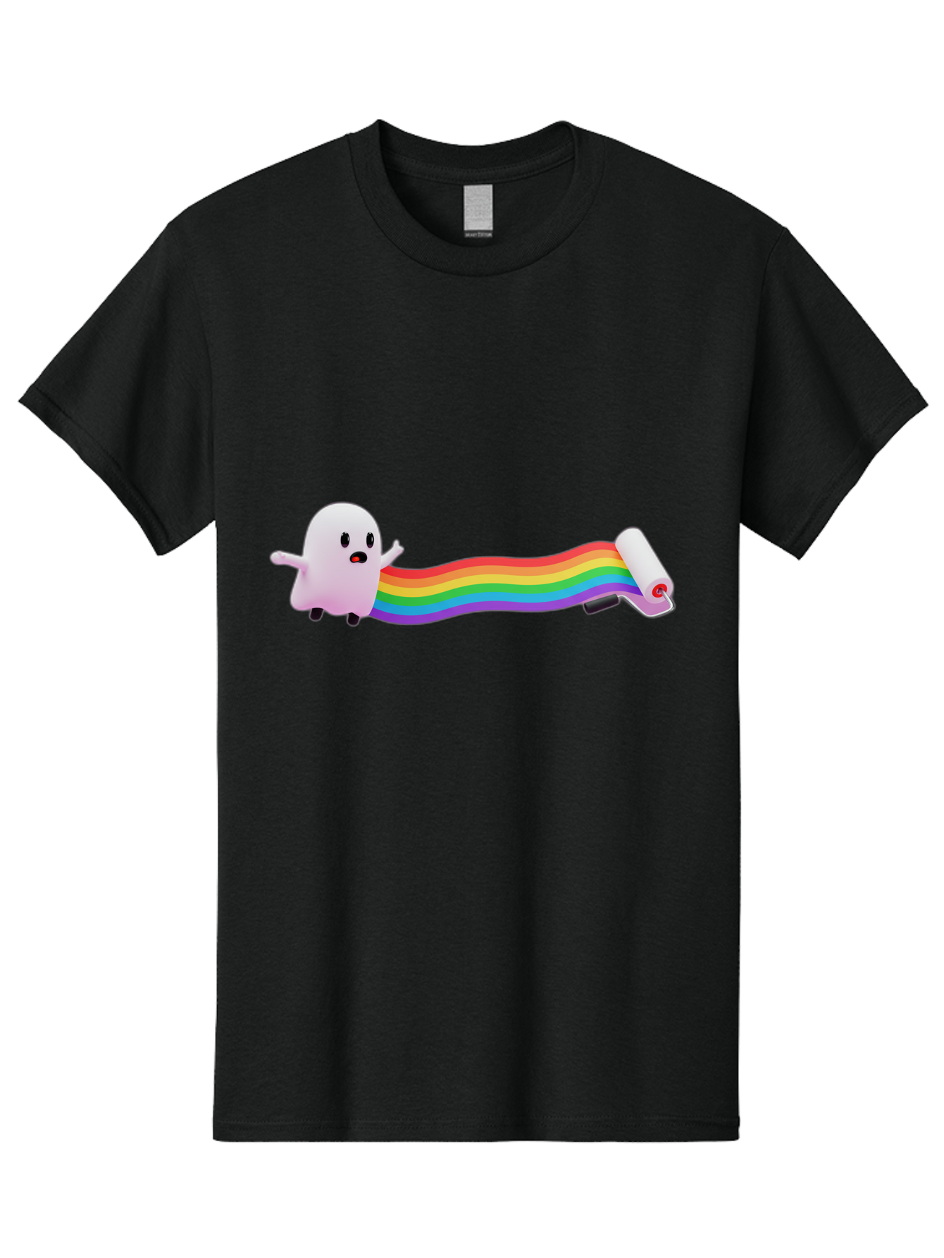 Pink-Blob-Rolling-Tape Men'S Graphic Tee, 100% Cotton, Comfortable Casual Summer Wear, Machine Washable, Cute Ghost, Rainbow Ribbon, Rolled-Up End, Whimsical Design, Playful Scene, Cartoon Style, Colorful Tape, Illustration Art, Bad423