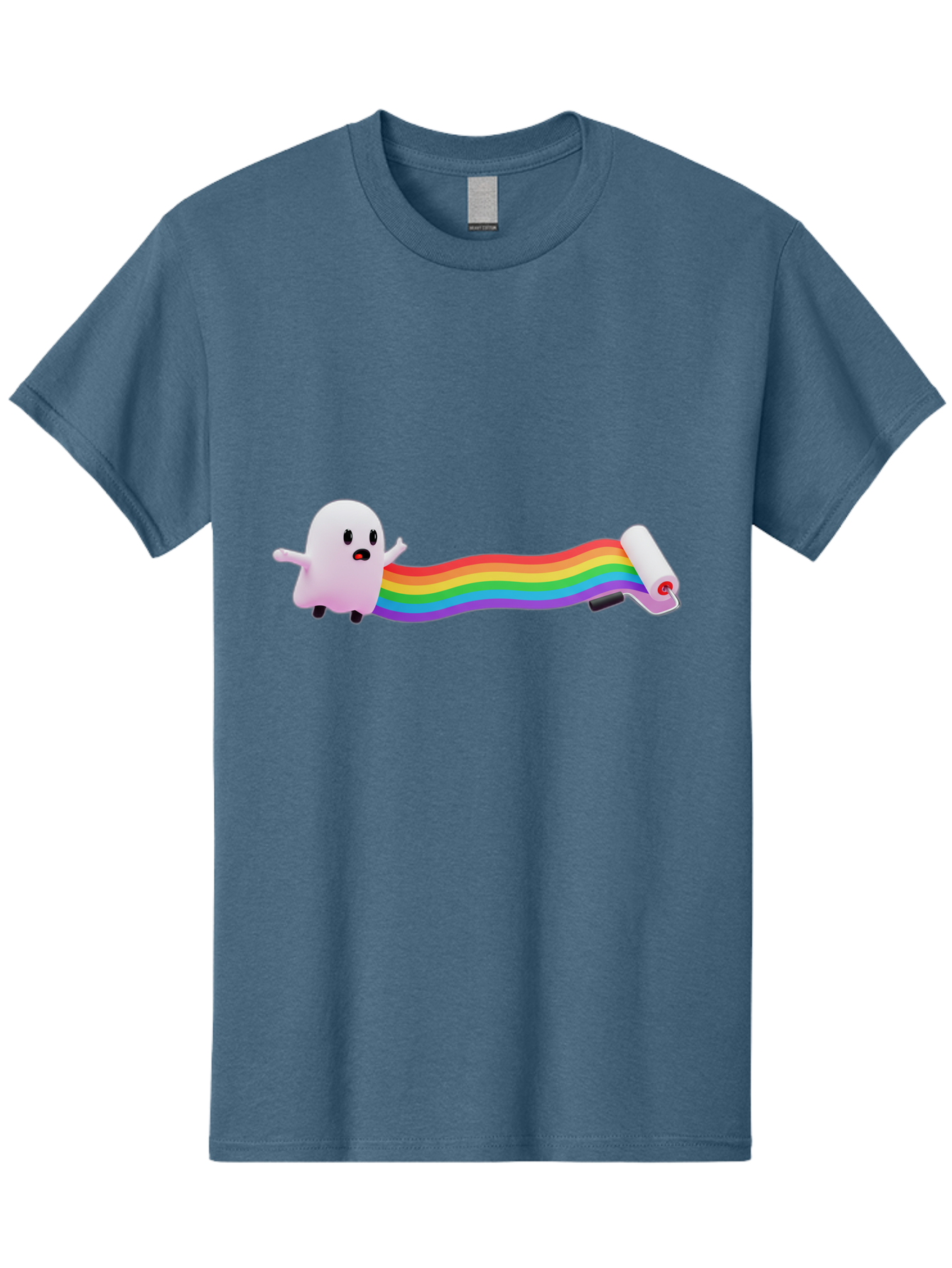 Pink-Blob-Rolling-Tape Men'S Graphic Tee, 100% Cotton, Comfortable Casual Summer Wear, Machine Washable, Cute Ghost, Rainbow Ribbon, Rolled-Up End, Whimsical Design, Playful Scene, Cartoon Style, Colorful Tape, Illustration Art, Bad423