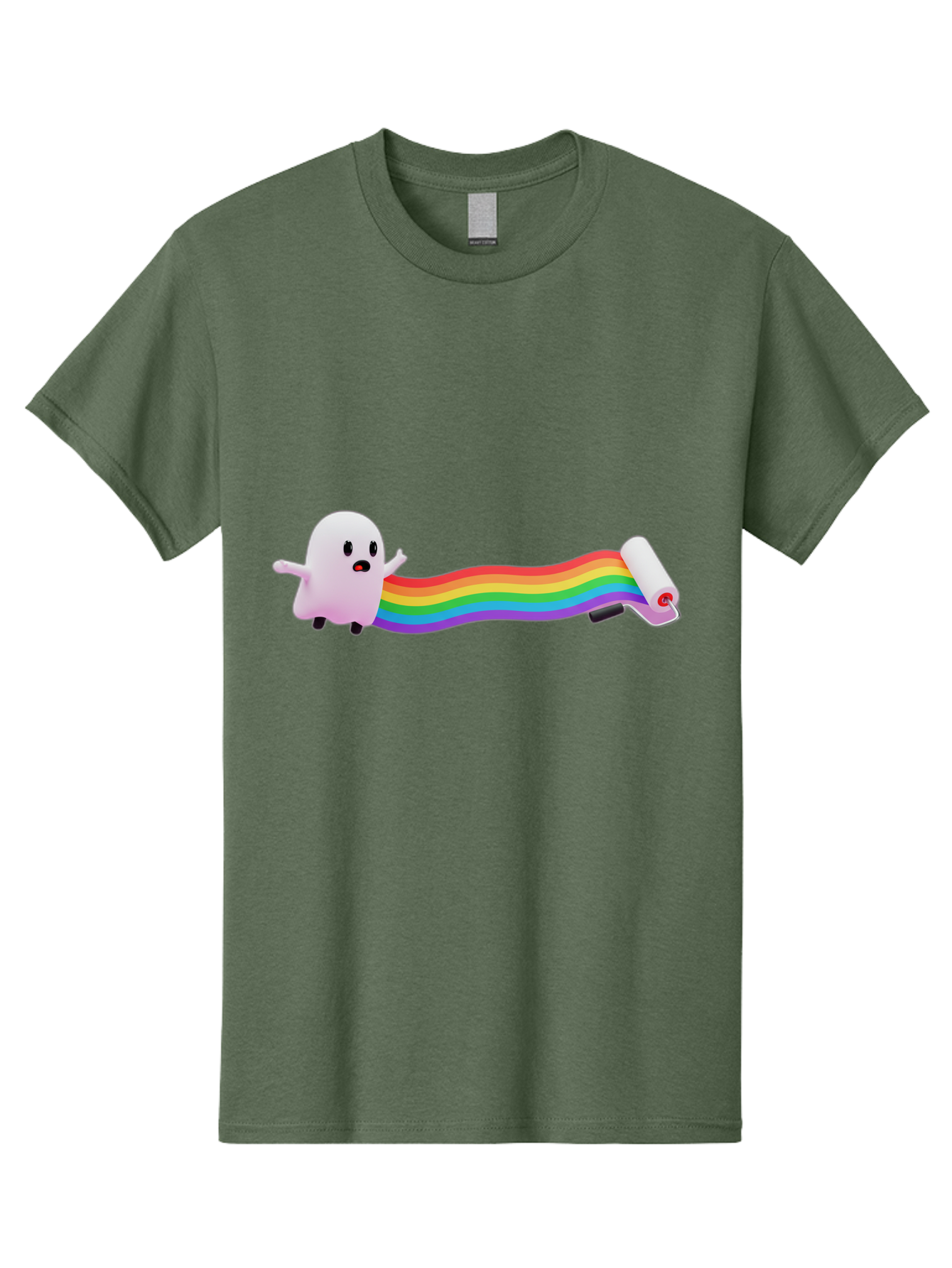 Pink-Blob-Rolling-Tape Men'S Graphic Tee, 100% Cotton, Comfortable Casual Summer Wear, Machine Washable, Cute Ghost, Rainbow Ribbon, Rolled-Up End, Whimsical Design, Playful Scene, Cartoon Style, Colorful Tape, Illustration Art, Bad423