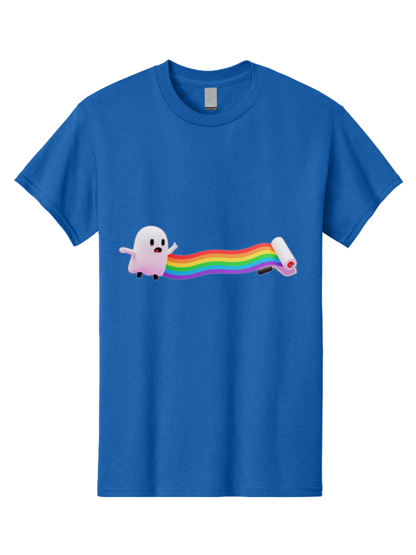 Pink-Blob-Rolling-Tape Men'S Graphic Tee, 100% Cotton, Comfortable Casual Summer Wear, Machine Washable, Cute Ghost, Rainbow Ribbon, Rolled-Up End, Whimsical Design, Playful Scene, Cartoon Style, Colorful Tape, Illustration Art, Bad423