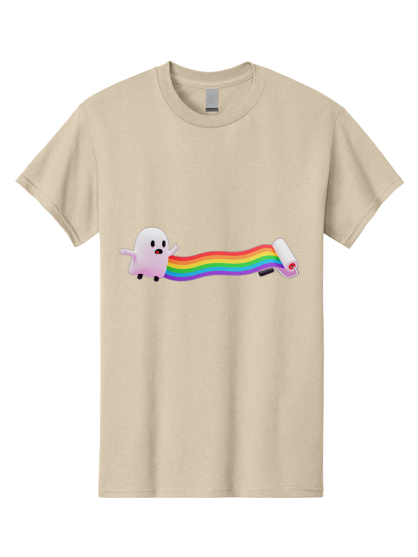 Pink-Blob-Rolling-Tape Men'S Graphic Tee, 100% Cotton, Comfortable Casual Summer Wear, Machine Washable, Cute Ghost, Rainbow Ribbon, Rolled-Up End, Whimsical Design, Playful Scene, Cartoon Style, Colorful Tape, Illustration Art, Bad423