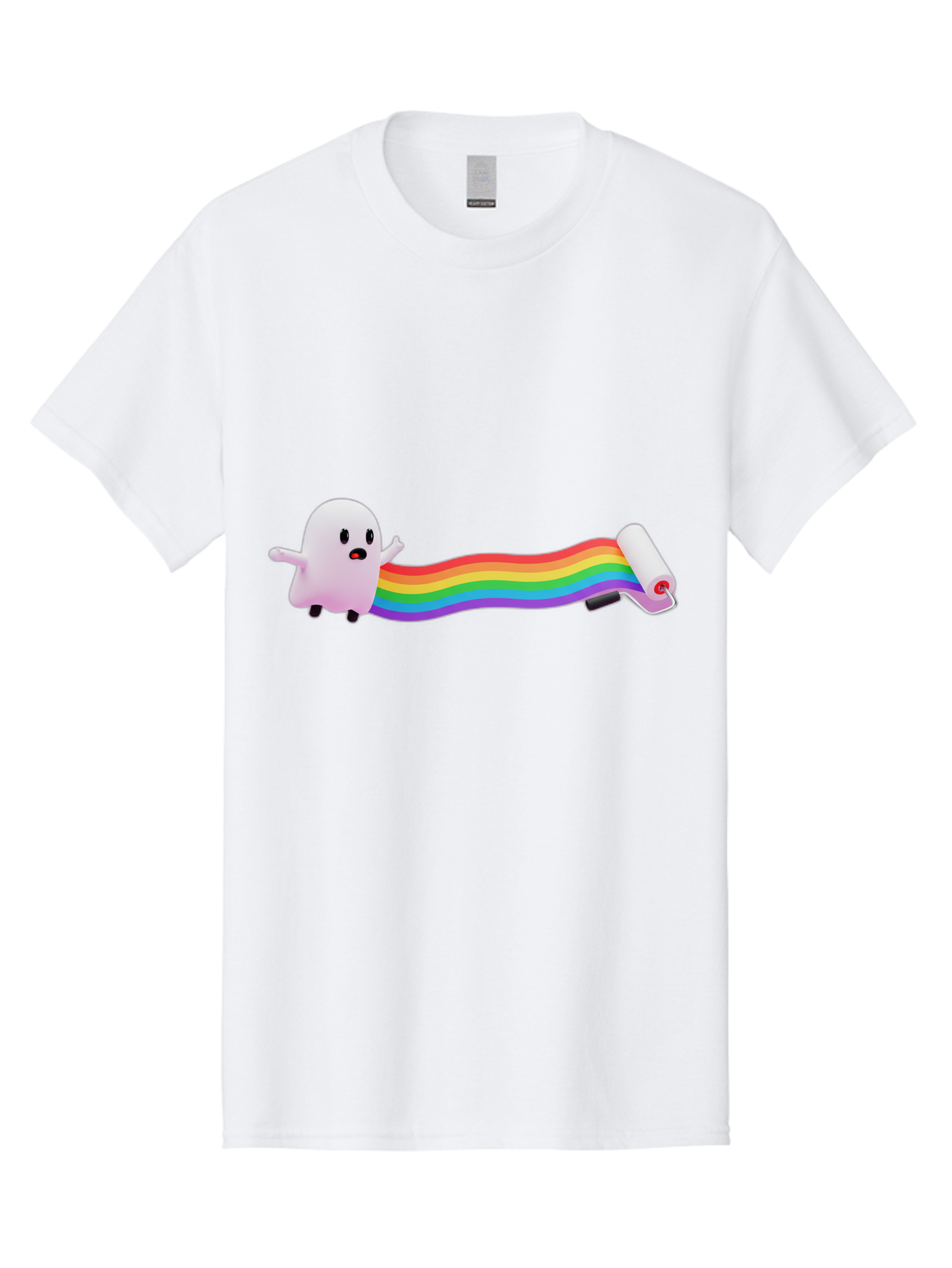 Pink-Blob-Rolling-Tape Men'S Graphic Tee, 100% Cotton, Comfortable Casual Summer Wear, Machine Washable, Cute Ghost, Rainbow Ribbon, Rolled-Up End, Whimsical Design, Playful Scene, Cartoon Style, Colorful Tape, Illustration Art, Bad423