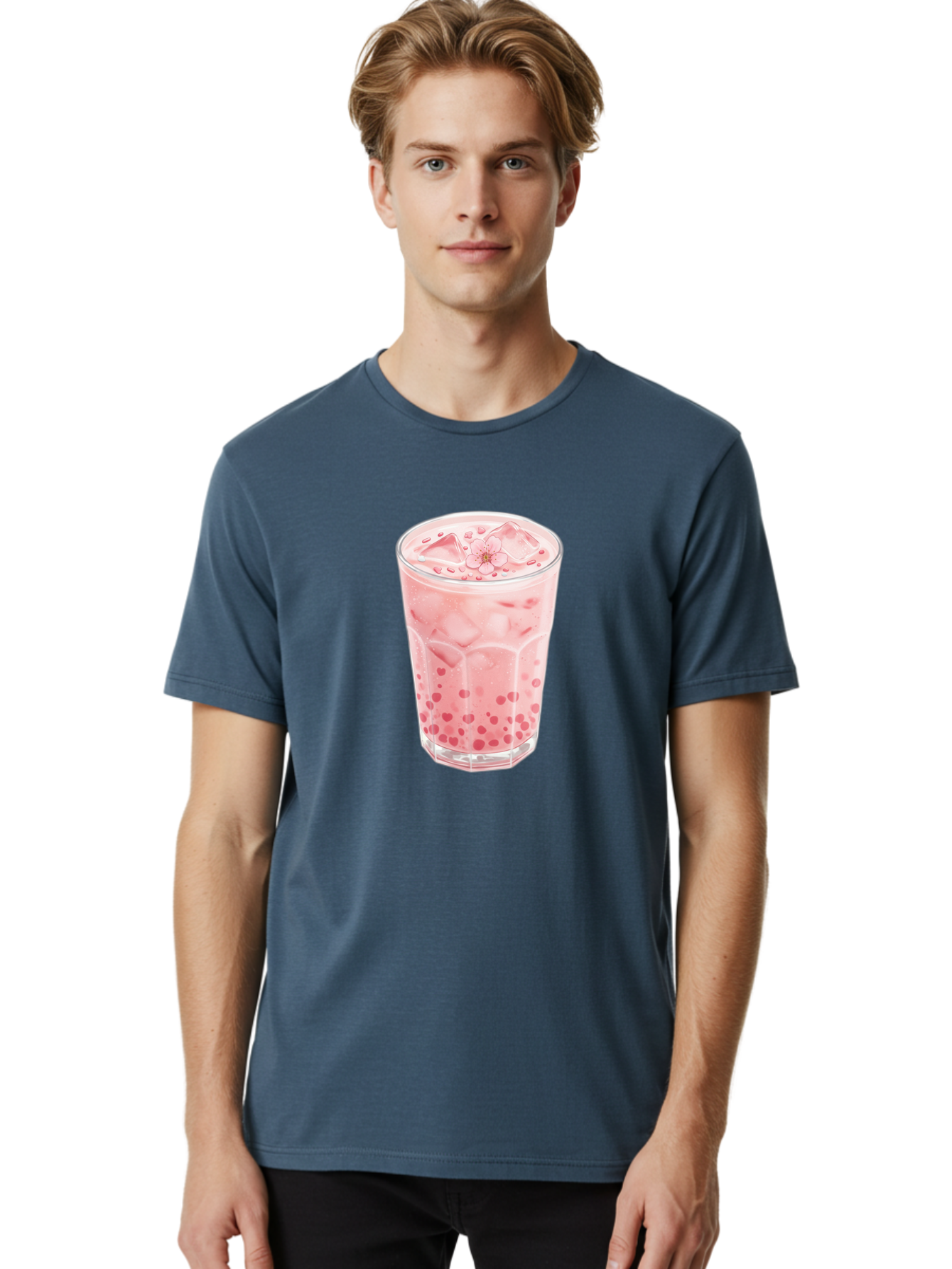 Pink-Boba-Tea Men'S Graphic Tee, 100% Cotton, Comfortable Casual Summer Wear, Machine Washable, Pink Boba, Boba Tea, Milk Tea, Iced Drink, Refreshing Beverage, Boba Bubbles, Sweet Treat, Floral Ice Cube, Chilled Drink Bad425