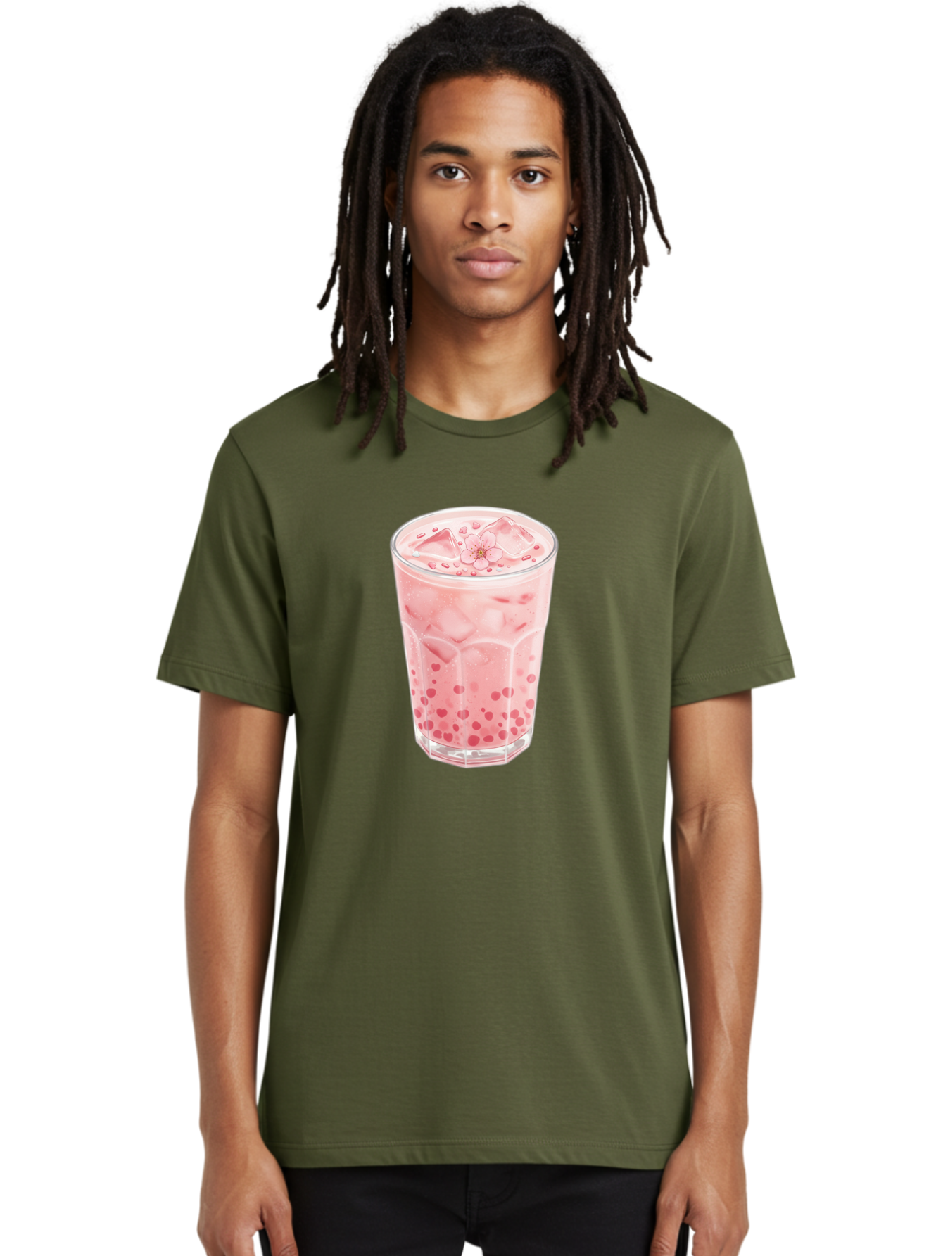Pink-Boba-Tea Men'S Graphic Tee, 100% Cotton, Comfortable Casual Summer Wear, Machine Washable, Pink Boba, Boba Tea, Milk Tea, Iced Drink, Refreshing Beverage, Boba Bubbles, Sweet Treat, Floral Ice Cube, Chilled Drink Bad425