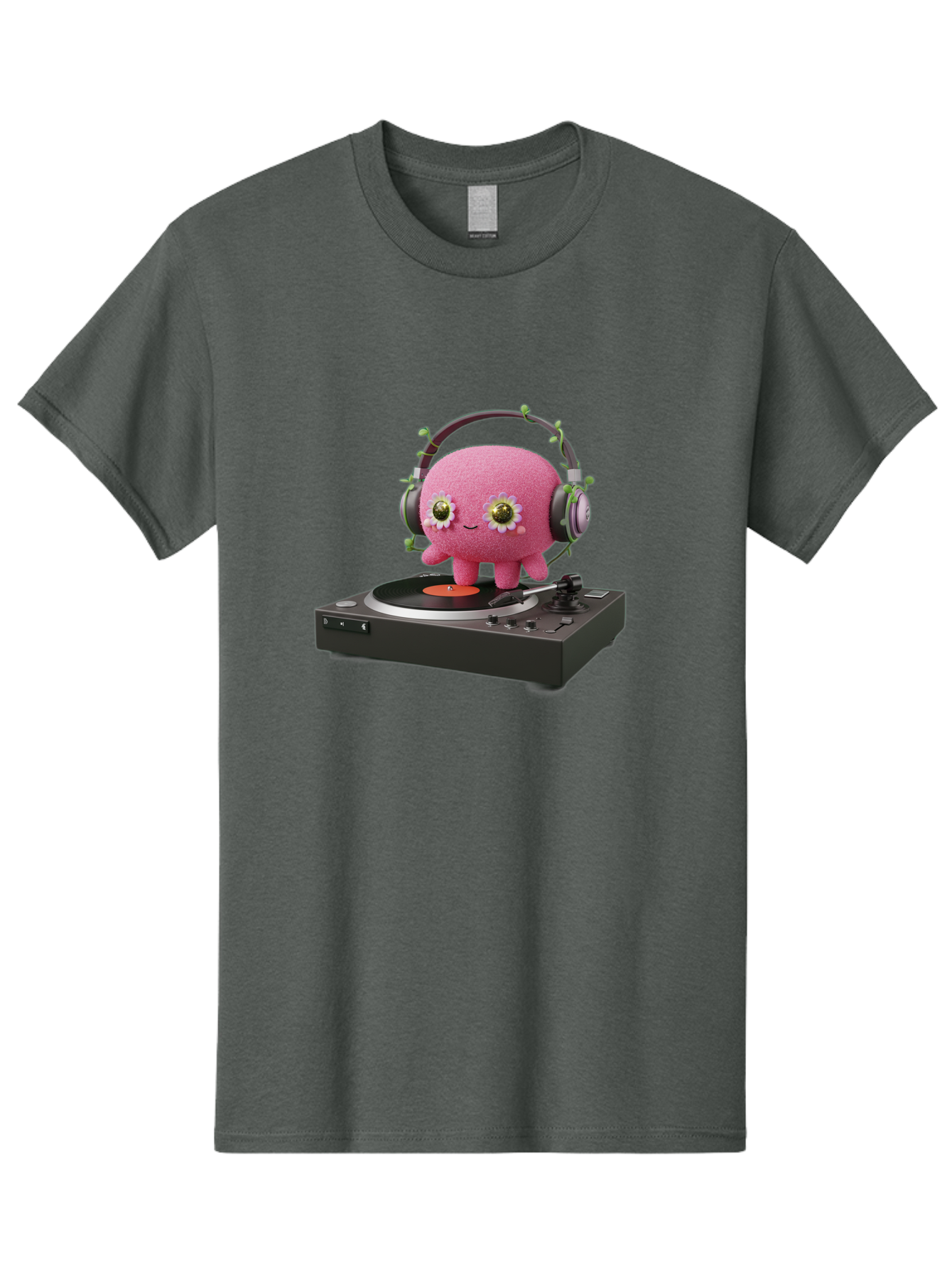 Pink-Creature-On-Record-Player Men'S Graphic Tee, 100% Cotton, Comfortable Casual Summer Wear, Machine Washable, Pink Blob, Vinyl Turntable, Retro Music Player, Headphones, Disco Vibes, Fun Music, Quirky, Retro Aesthetic, Vinyl Records, Bad427