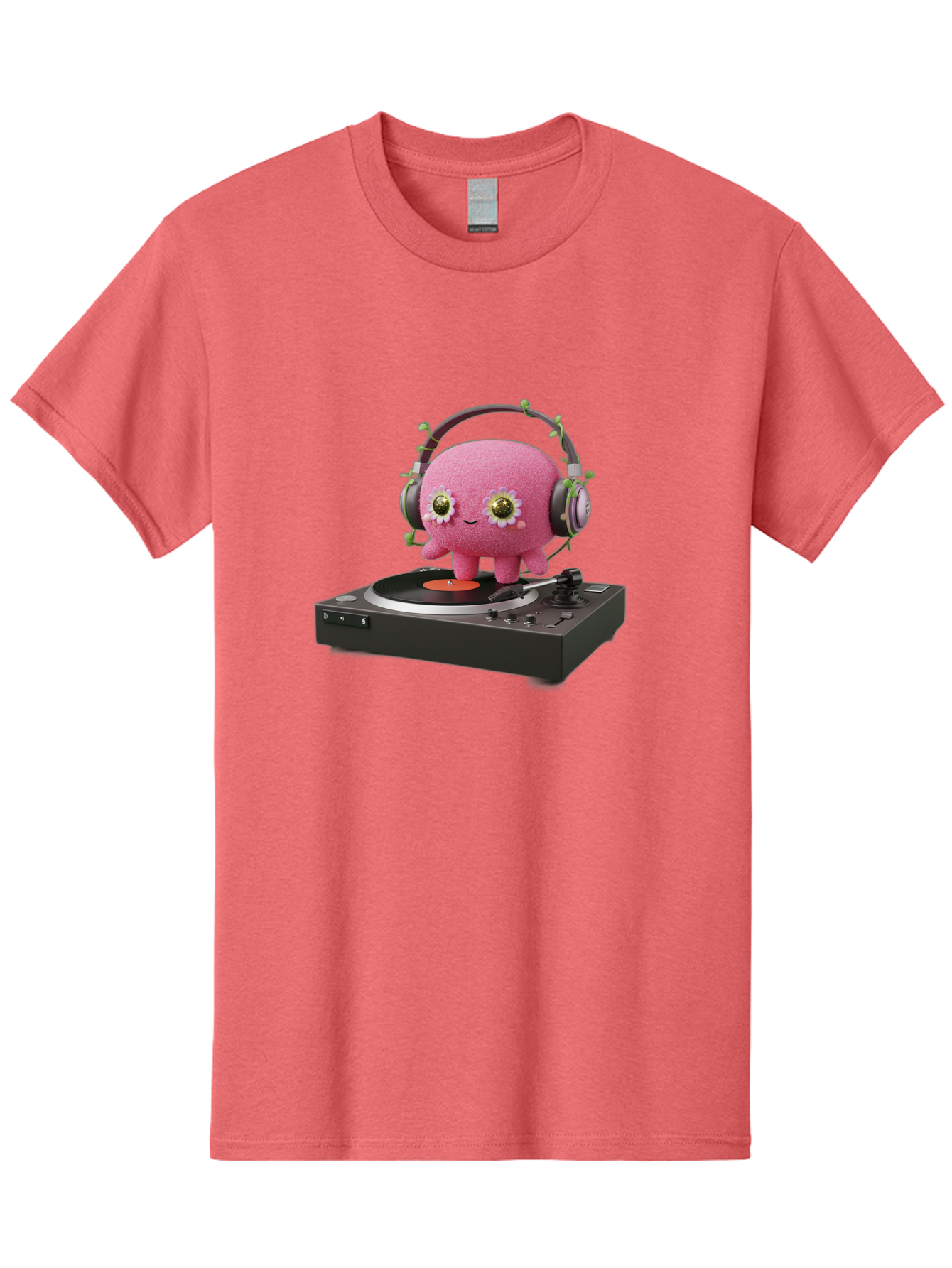 Pink-Creature-On-Record-Player Men'S Graphic Tee, 100% Cotton, Comfortable Casual Summer Wear, Machine Washable, Pink Blob, Vinyl Turntable, Retro Music Player, Headphones, Disco Vibes, Fun Music, Quirky, Retro Aesthetic, Vinyl Records, Bad427