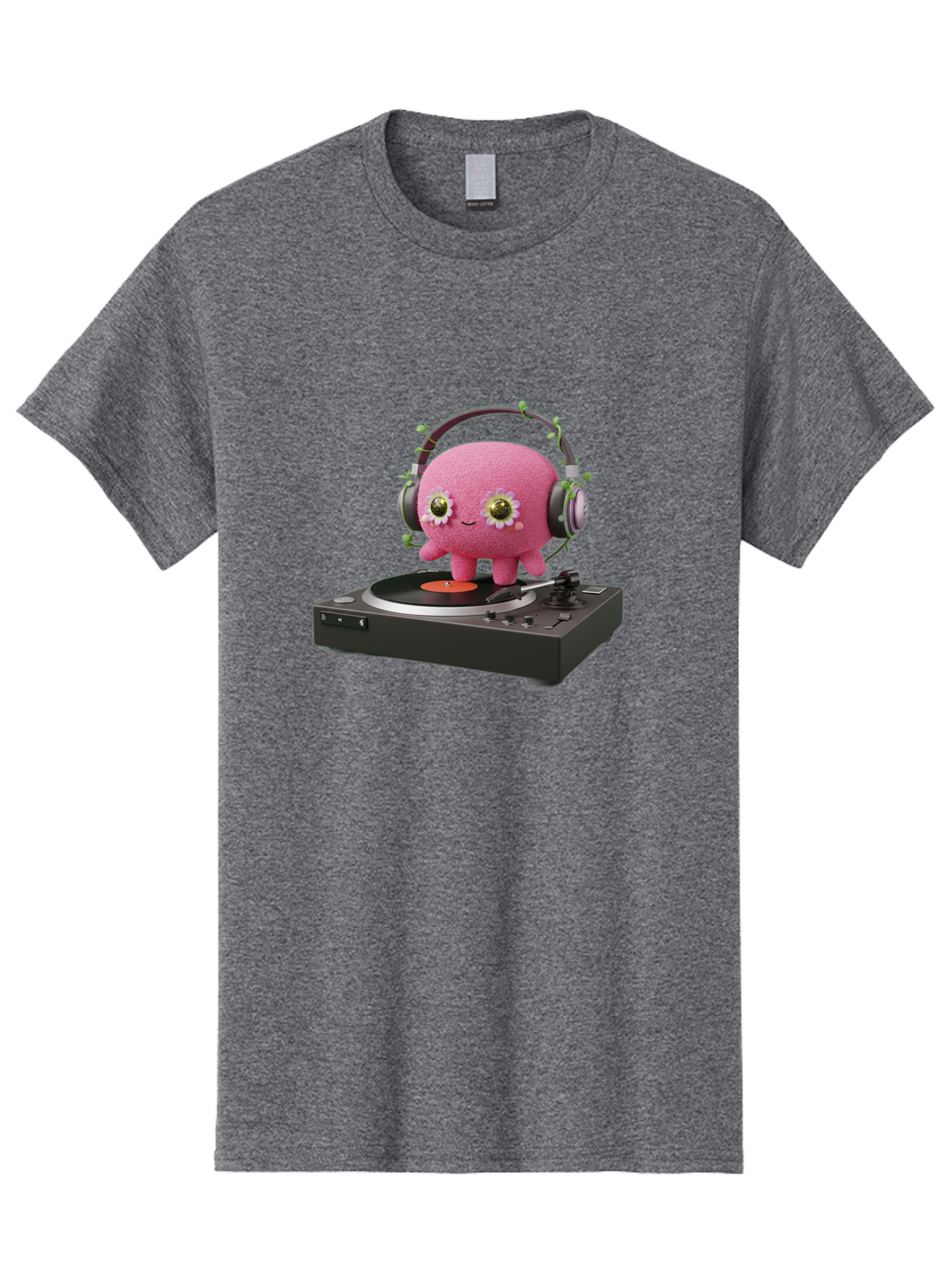 Pink-Creature-On-Record-Player Men'S Graphic Tee, 100% Cotton, Comfortable Casual Summer Wear, Machine Washable, Pink Blob, Vinyl Turntable, Retro Music Player, Headphones, Disco Vibes, Fun Music, Quirky, Retro Aesthetic, Vinyl Records, Bad427