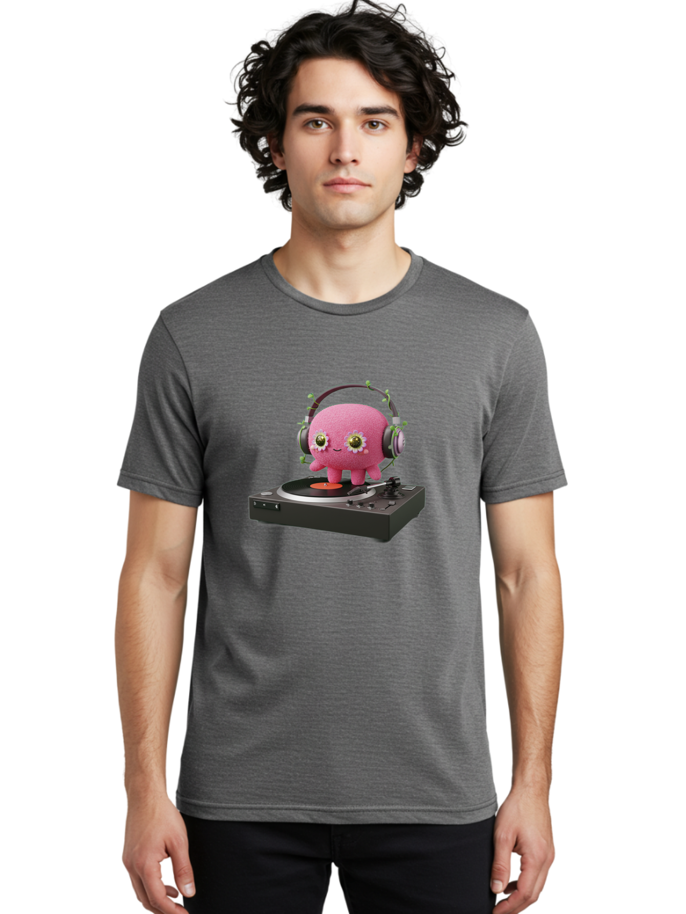 Pink-Creature-On-Record-Player Men'S Graphic Tee, 100% Cotton, Comfortable Casual Summer Wear, Machine Washable, Pink Blob, Vinyl Turntable, Retro Music Player, Headphones, Disco Vibes, Fun Music, Quirky, Retro Aesthetic, Vinyl Records, Bad427