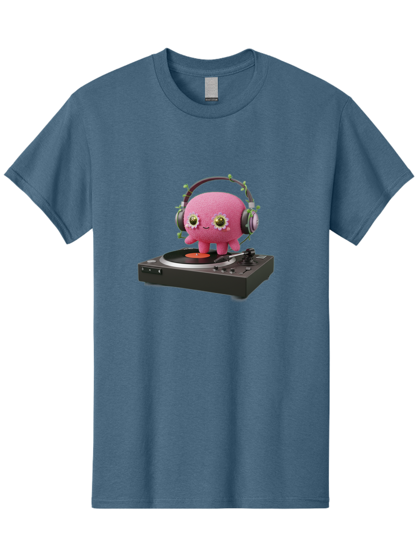 Pink-Creature-On-Record-Player Men'S Graphic Tee, 100% Cotton, Comfortable Casual Summer Wear, Machine Washable, Pink Blob, Vinyl Turntable, Retro Music Player, Headphones, Disco Vibes, Fun Music, Quirky, Retro Aesthetic, Vinyl Records, Bad427