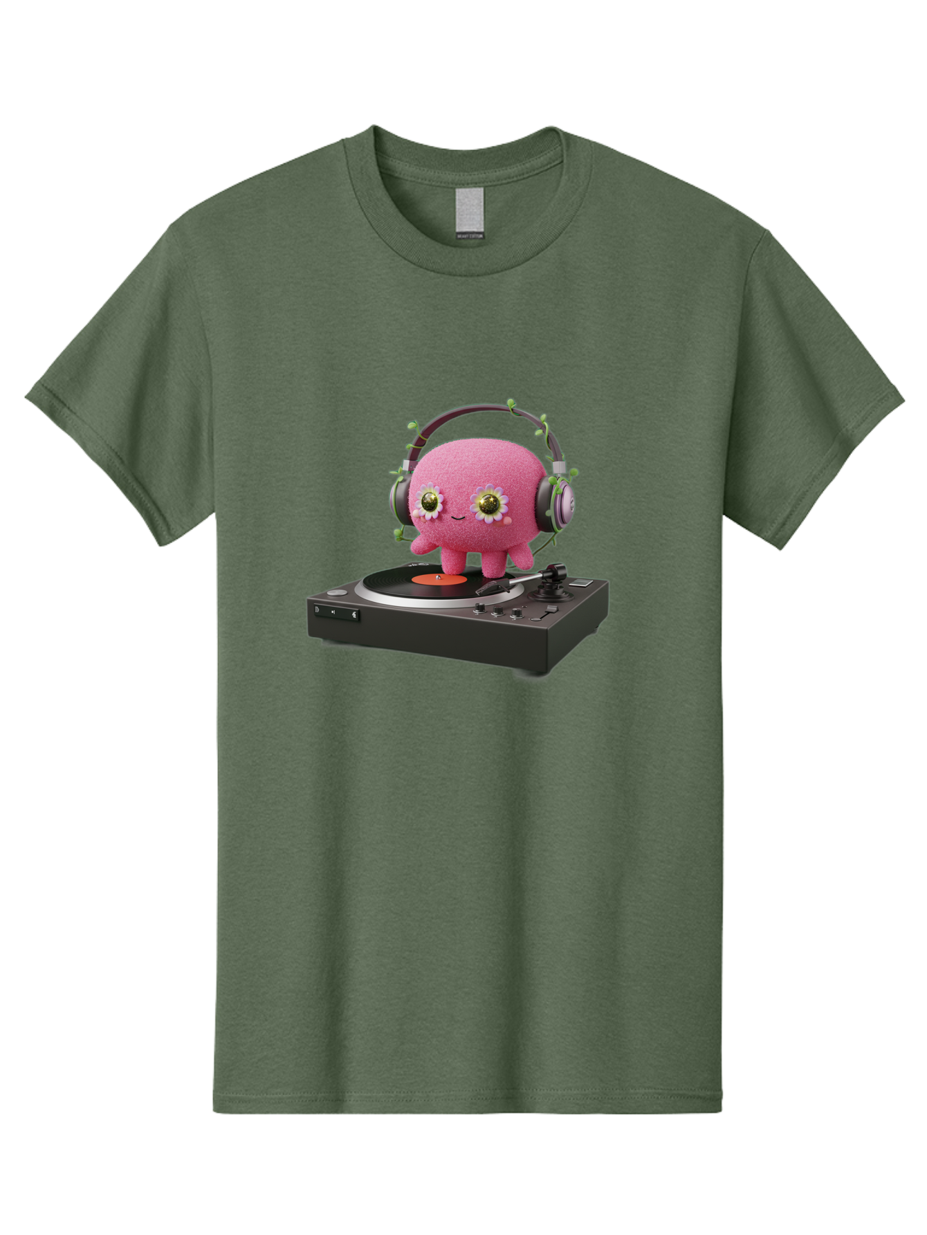 Pink-Creature-On-Record-Player Men'S Graphic Tee, 100% Cotton, Comfortable Casual Summer Wear, Machine Washable, Pink Blob, Vinyl Turntable, Retro Music Player, Headphones, Disco Vibes, Fun Music, Quirky, Retro Aesthetic, Vinyl Records, Bad427