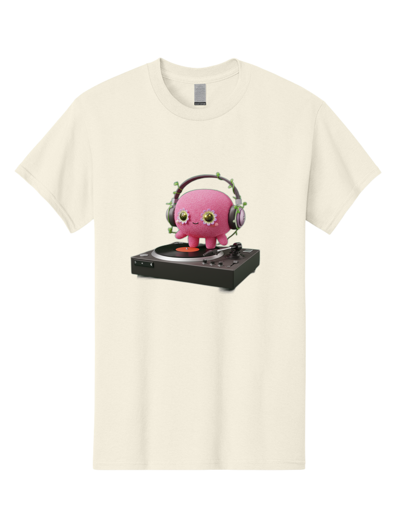 Pink-Creature-On-Record-Player Men'S Graphic Tee, 100% Cotton, Comfortable Casual Summer Wear, Machine Washable, Pink Blob, Vinyl Turntable, Retro Music Player, Headphones, Disco Vibes, Fun Music, Quirky, Retro Aesthetic, Vinyl Records, Bad427