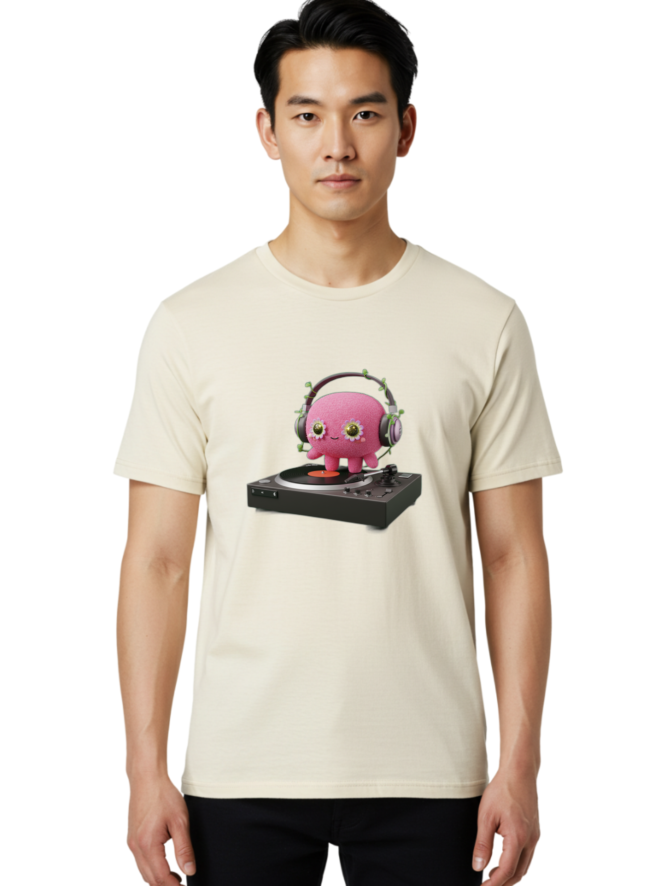 Pink-Creature-On-Record-Player Men'S Graphic Tee, 100% Cotton, Comfortable Casual Summer Wear, Machine Washable, Pink Blob, Vinyl Turntable, Retro Music Player, Headphones, Disco Vibes, Fun Music, Quirky, Retro Aesthetic, Vinyl Records, Bad427